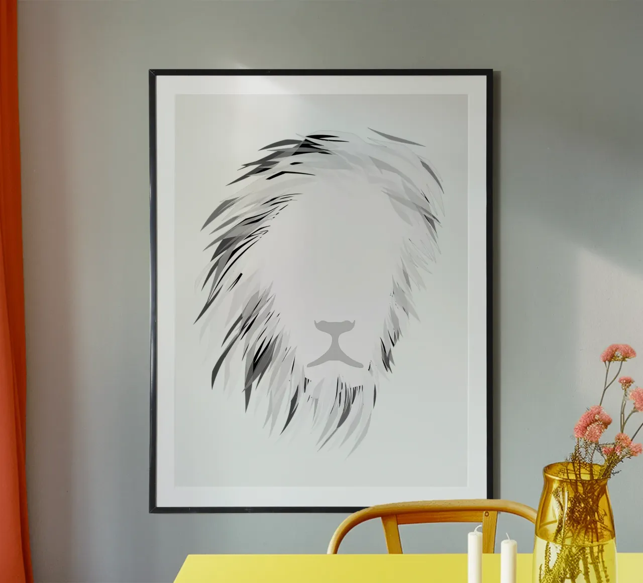 Der Geist des Löwen | Negative Space Art Poster mit Holzrahmen von Autofocus