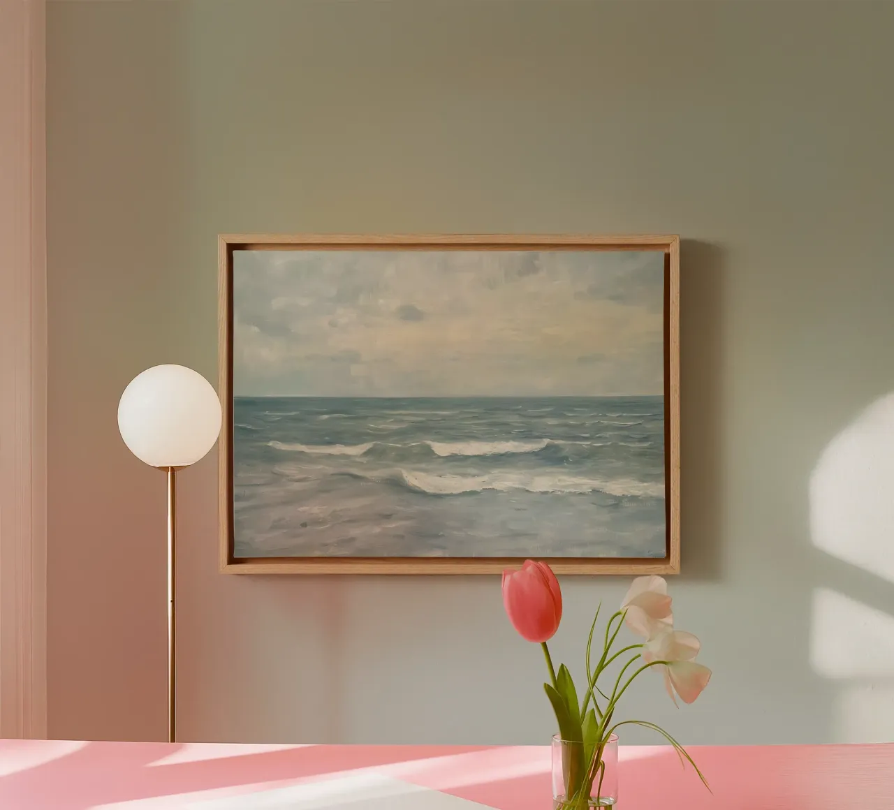 Bewölkte Seelandschaft Ölgemälde - Ruhiger Ozean Wellen Kunst Leinwand mit Schattenfugenrahmen von dawnthesea