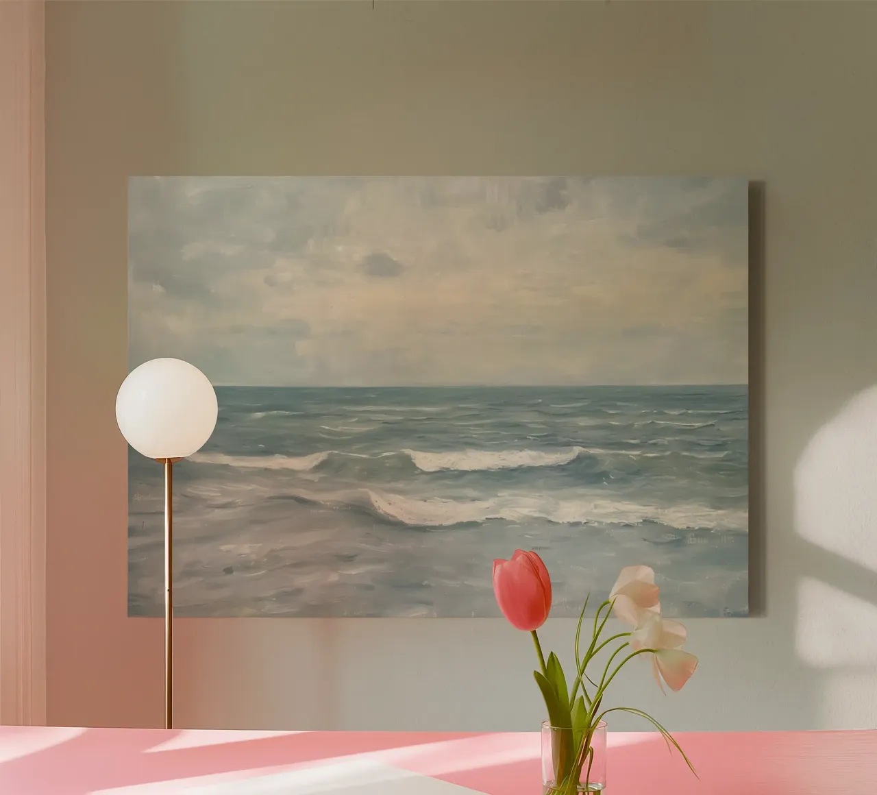 Bewölkte Seelandschaft Ölgemälde - Ruhiger Ozean Wellen Kunst Leinwand mit Schattenfugenrahmen von dawnthesea