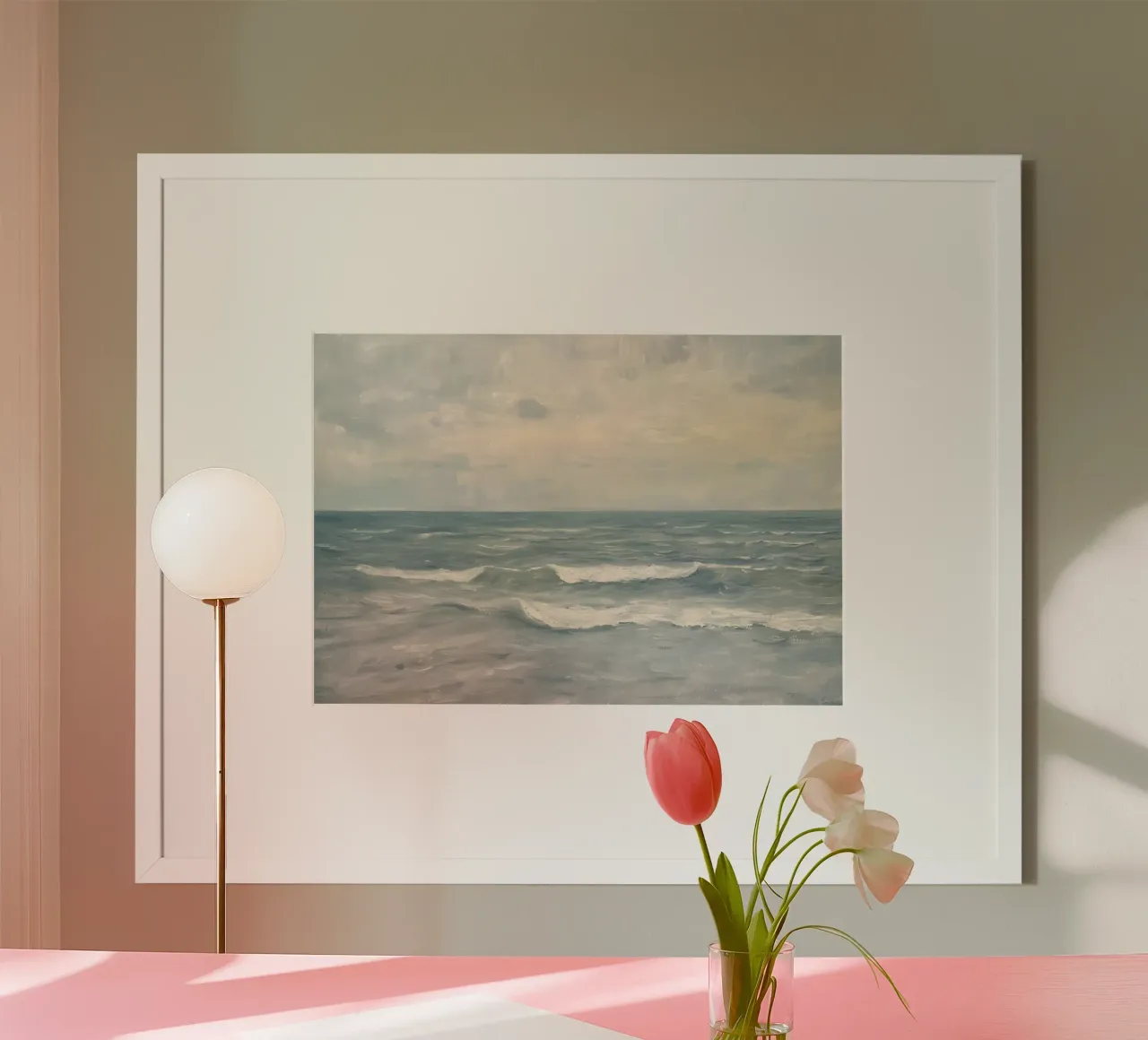 Bewolkt zeegezicht olieverfschilderij - Rustige oceaan golven kunst poster met aluminium frame van dawnthesea