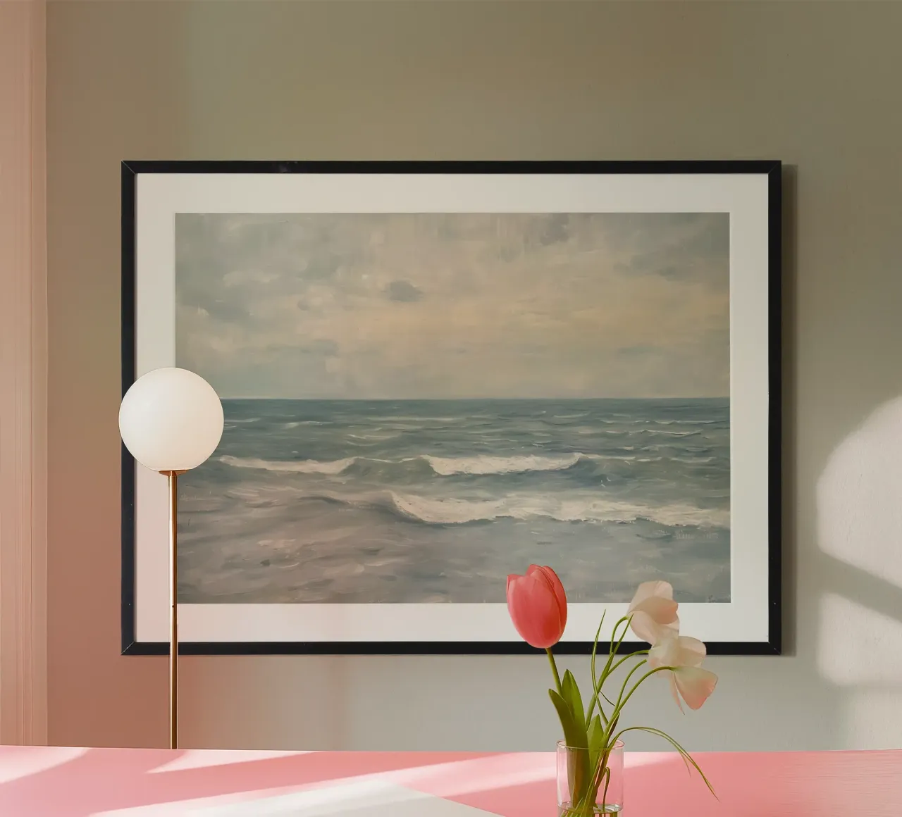 Bewolkt zeegezicht olieverfschilderij - Rustige oceaan golven kunst poster met aluminium frame van dawnthesea