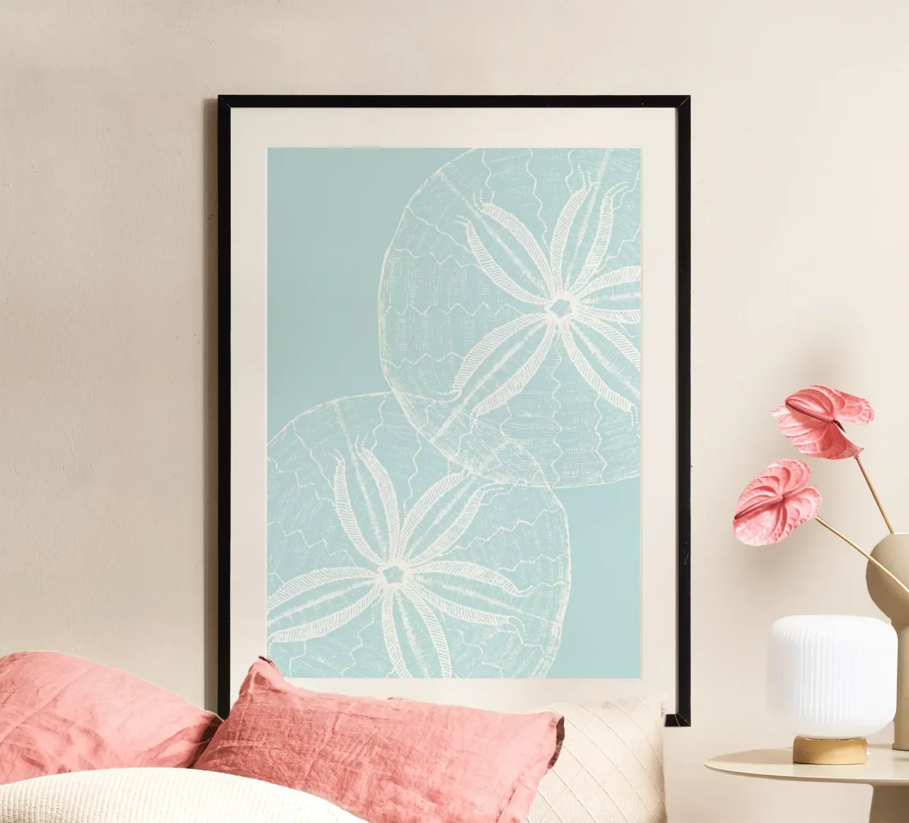 Sand Dollar Sketch - Impresión azul claro de decoración costera poster de dawnthesea