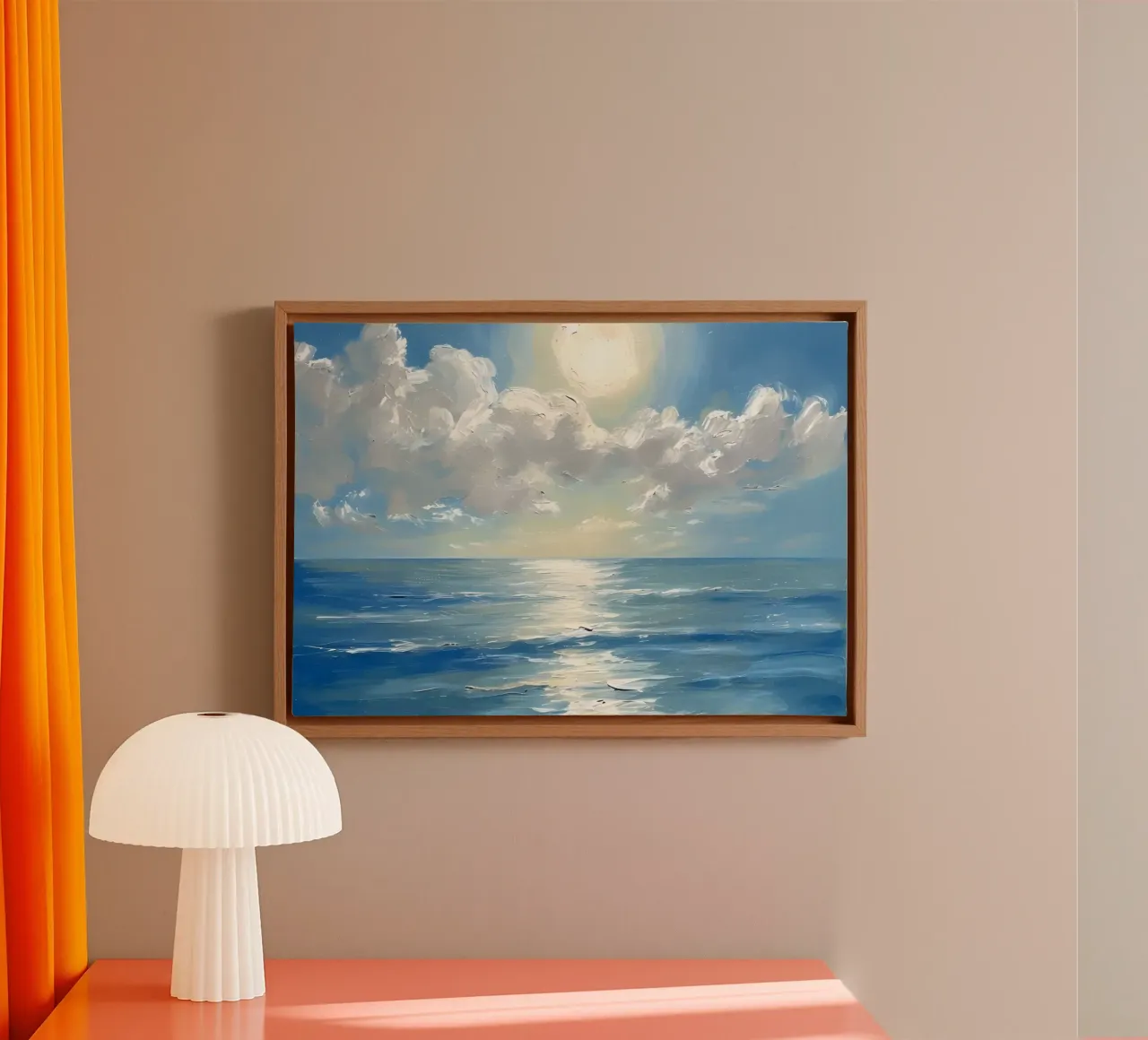 Strahlende Seelandschaft Ölgemälde - Sonne über Ozeanwellen Leinwand mit Schattenfugenrahmen von dawnthesea