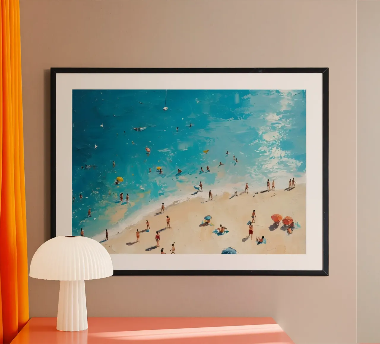 Scena di spiaggia impressionista - Pittura a olio per vacanze estive poster con telaio in alluminio da dawnthesea
