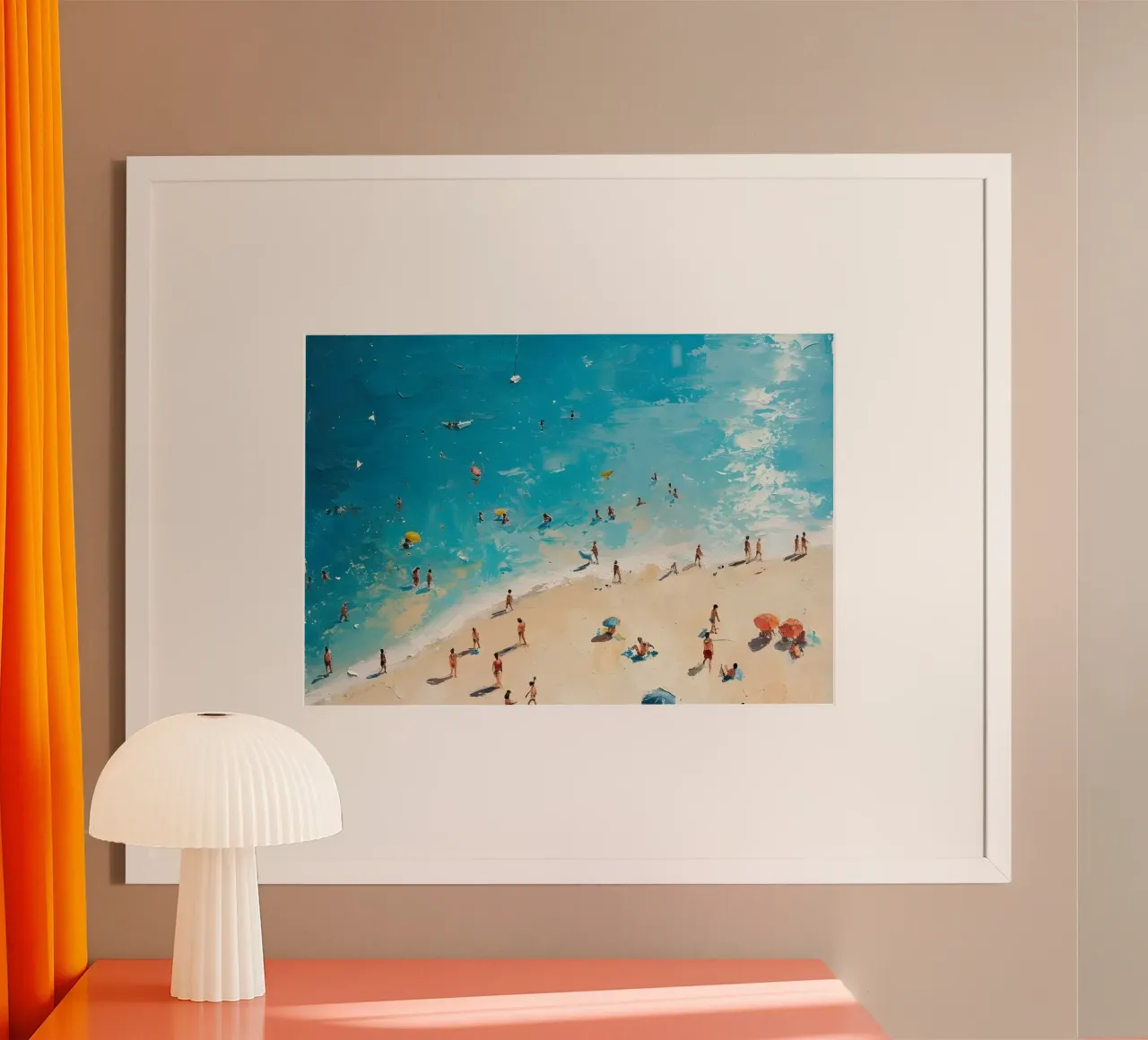 Scena di spiaggia impressionista - Pittura a olio per vacanze estive poster con telaio in alluminio da dawnthesea
