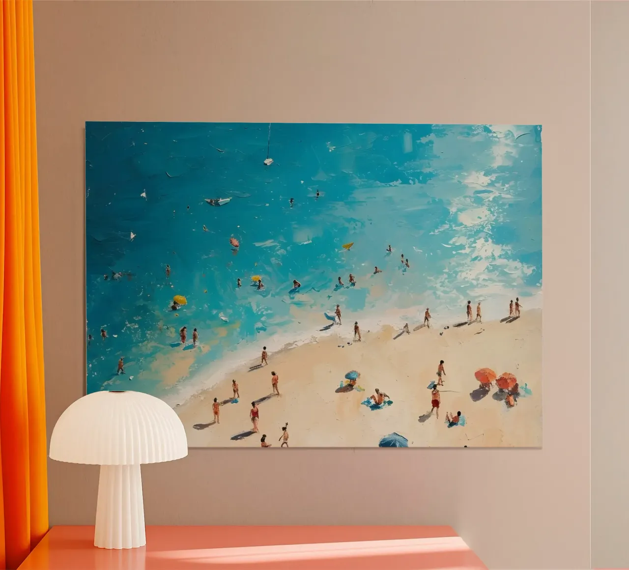 Scena di spiaggia impressionista - Pittura a olio per vacanze estive poster con telaio in alluminio da dawnthesea
