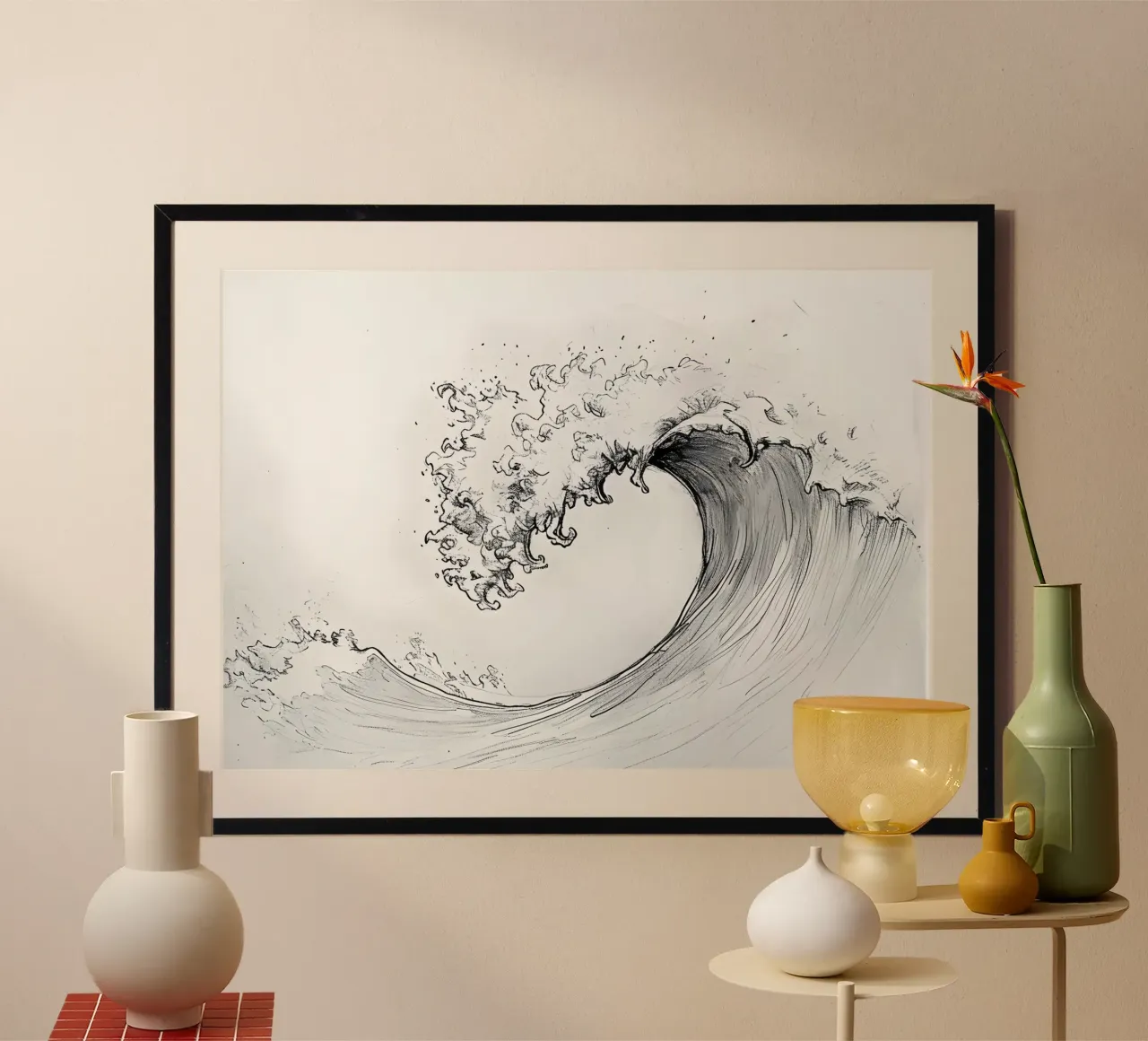 Schizzo dell'onda Ukiyo-e giapponese - Arte in bianco e nero poster con telaio in legno da dawnthesea