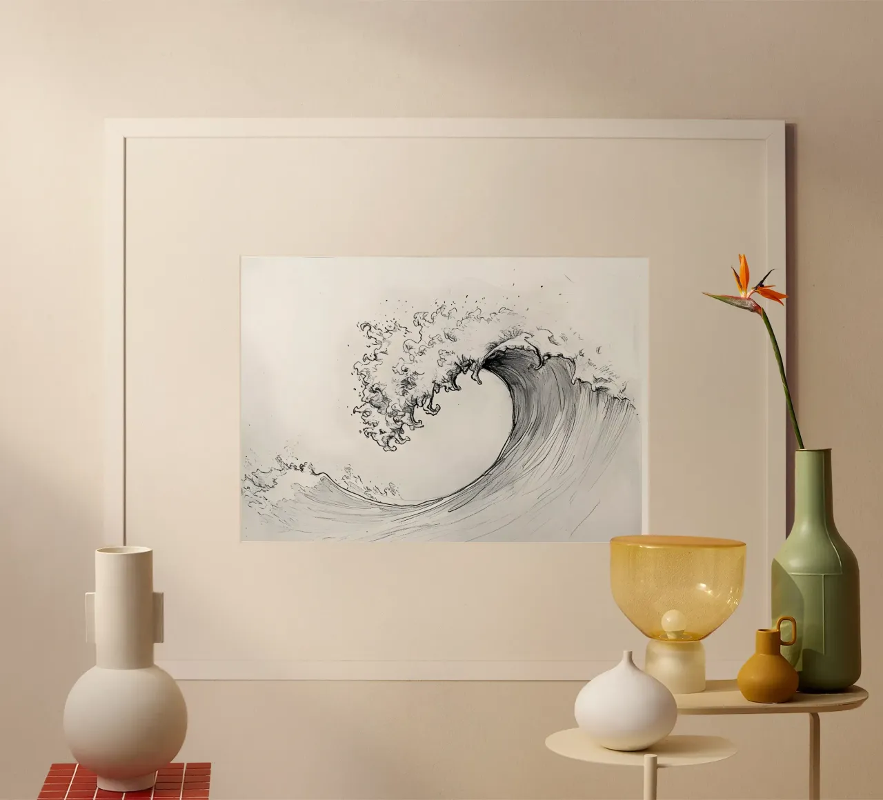 Schizzo dell'onda Ukiyo-e giapponese - Arte in bianco e nero poster con telaio in legno da dawnthesea