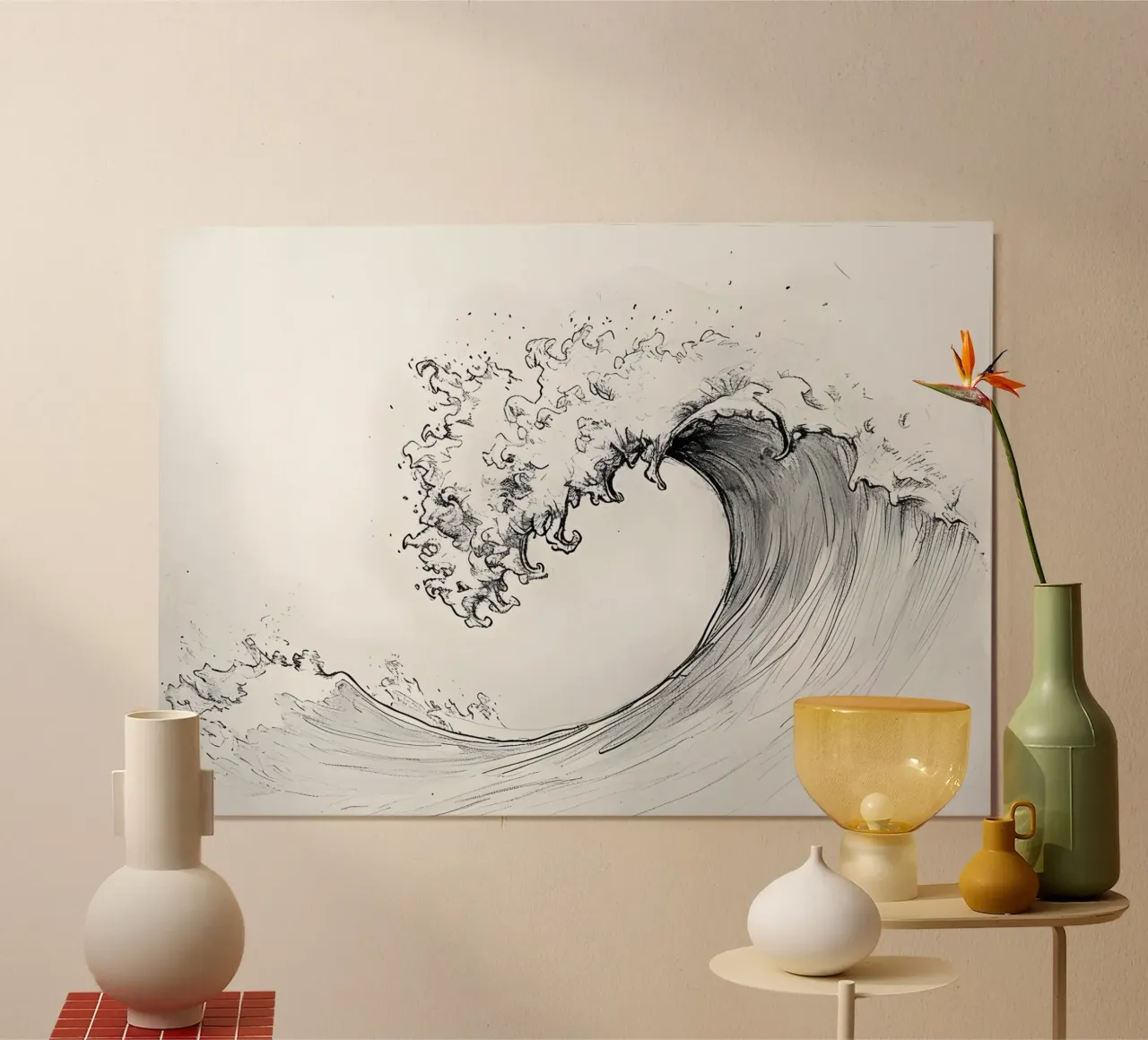 Schizzo dell'onda Ukiyo-e giapponese - Arte in bianco e nero poster con telaio in legno da dawnthesea