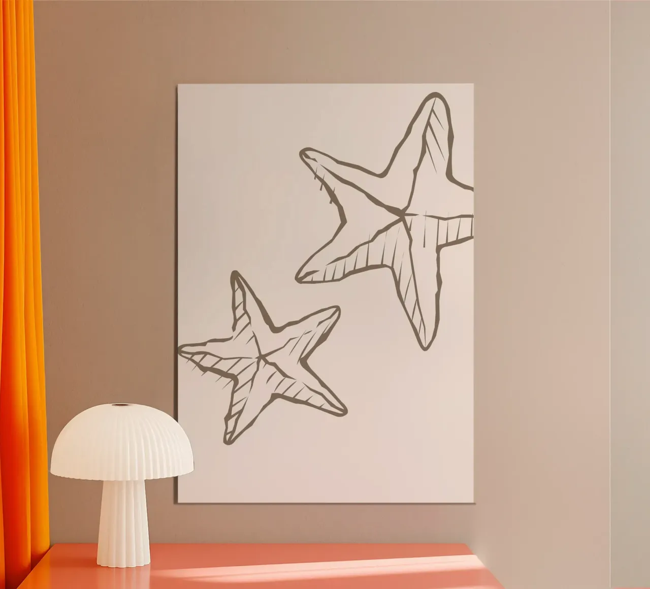 Starfish Sketch - Boho Coastal Neutral Art Print poster con marco de madera de dawnthesea