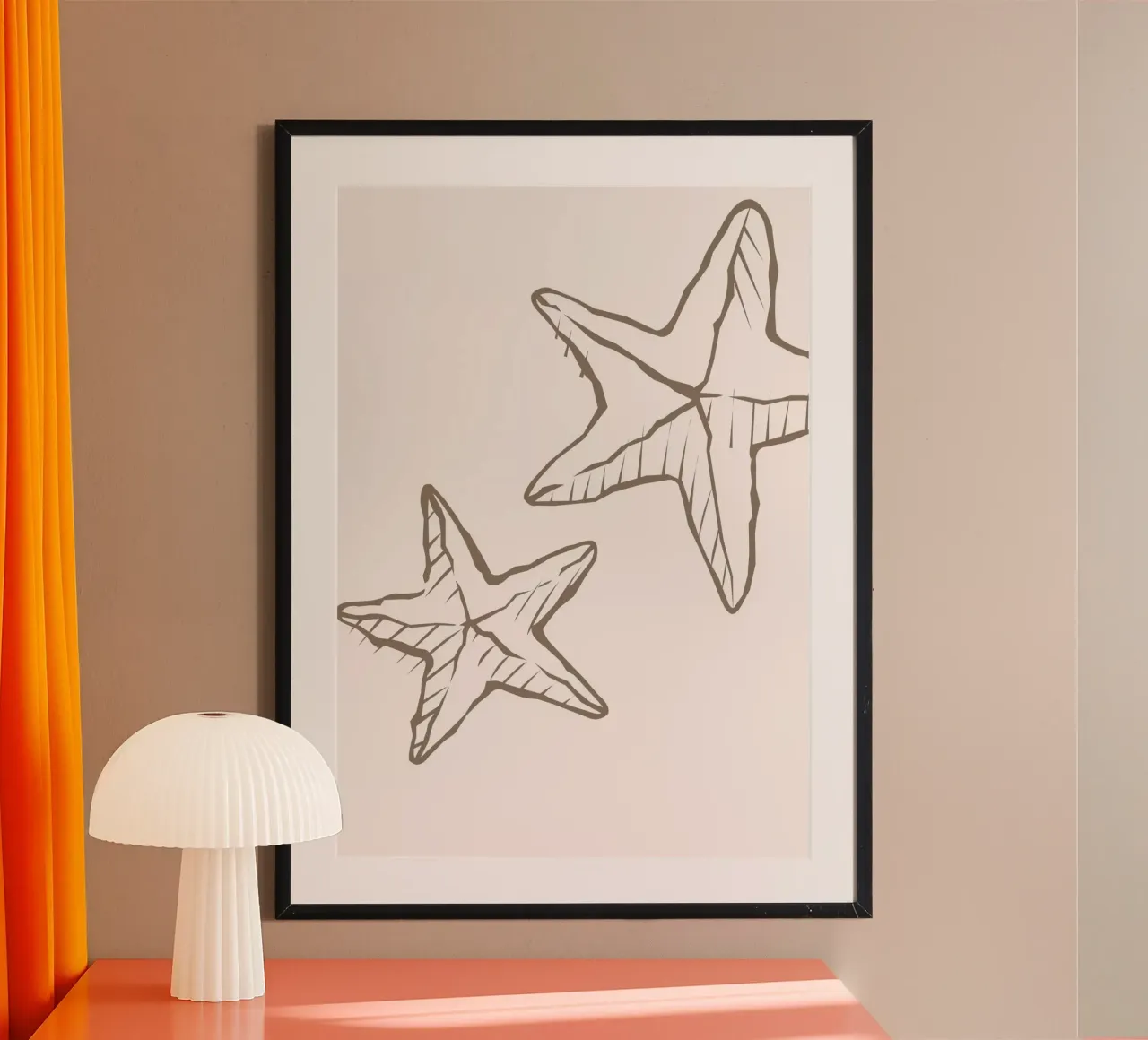 Starfish Sketch - Boho Coastal Neutral Art Print poster con marco de madera de dawnthesea