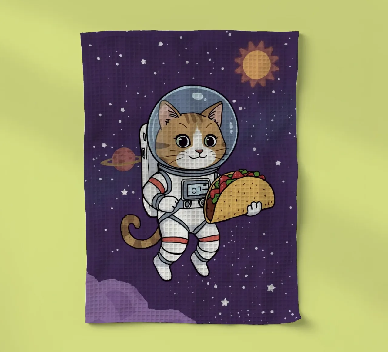 Astronaut kat eet taco in de ruimte theedoek van DesignDoodle