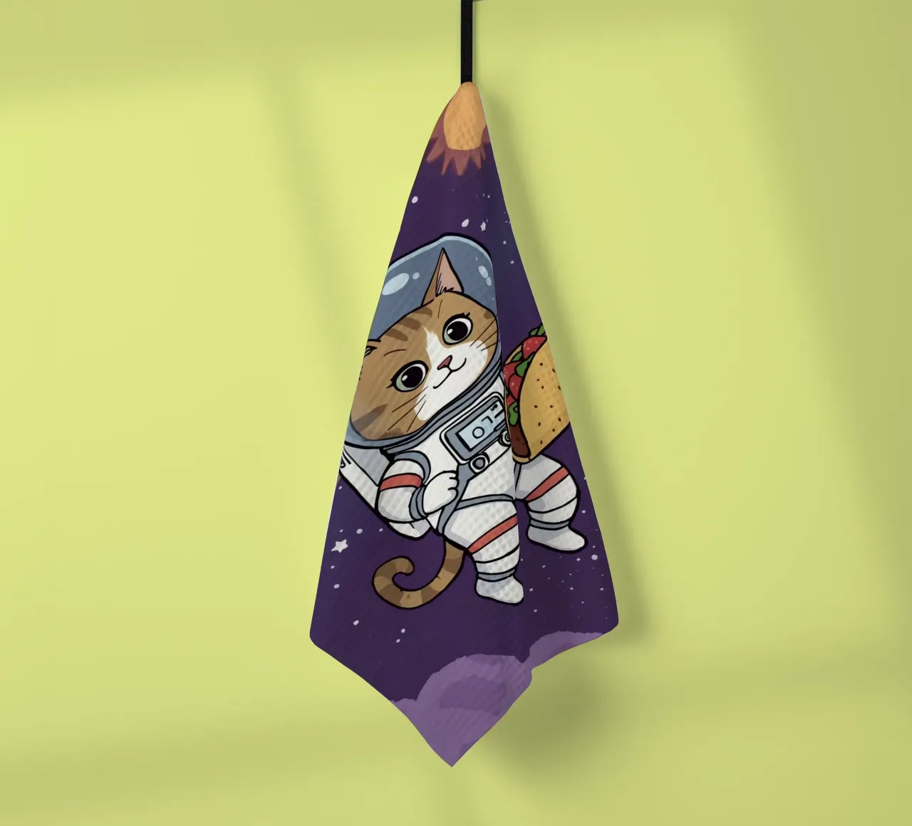 Astronaut kat eet taco in de ruimte theedoek van DesignDoodle