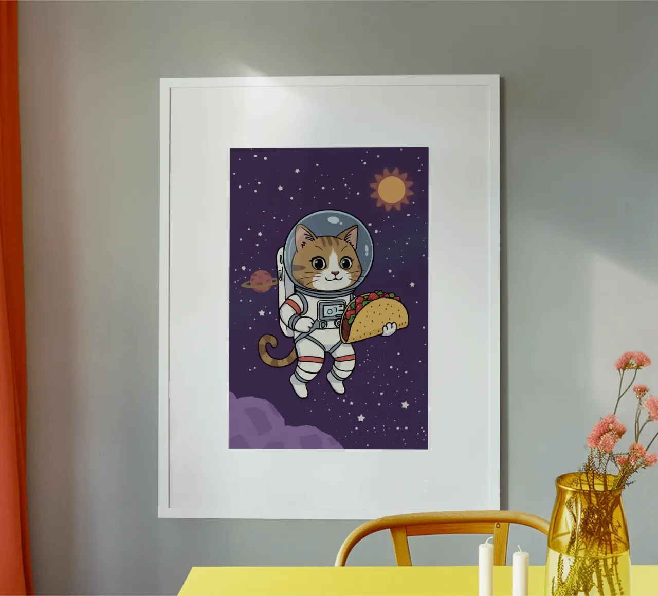 Gatto astronauta che mangia un taco nello spazio poster con telaio in alluminio da DesignDoodle