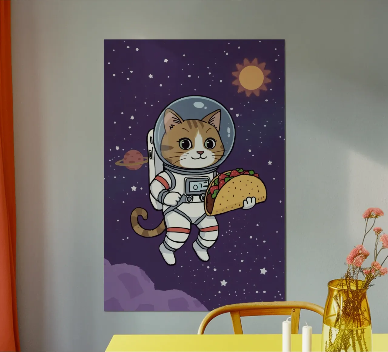 Gatto astronauta che mangia un taco nello spazio poster con telaio in alluminio da DesignDoodle