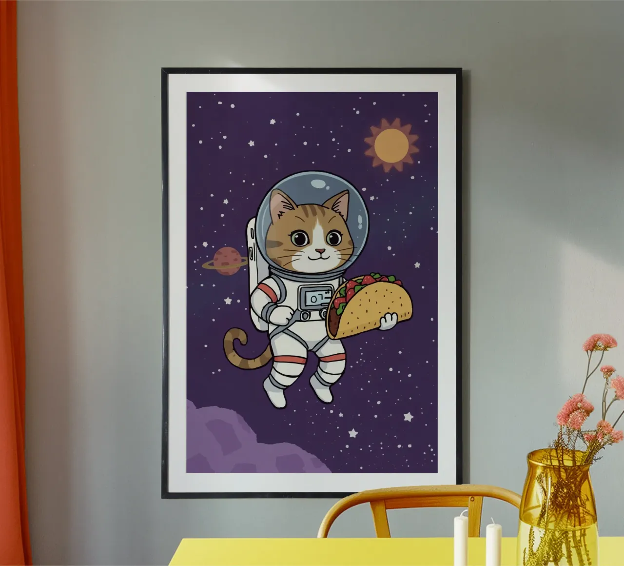 Gatto astronauta che mangia un taco nello spazio poster con telaio in alluminio da DesignDoodle