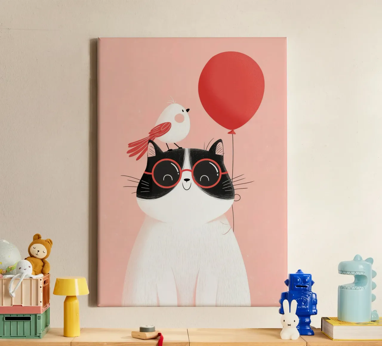Cool Cat, Tiny Bird Leinwand mit Schattenfugenrahmen von Kiara