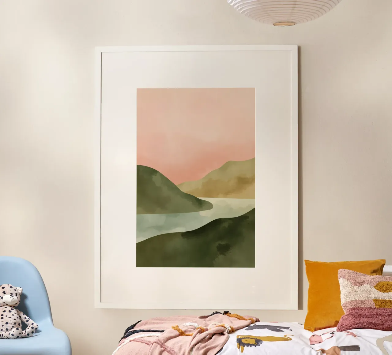 Paesaggio astratto di colline e acqua poster con telaio in plastica da DesignDoodle
