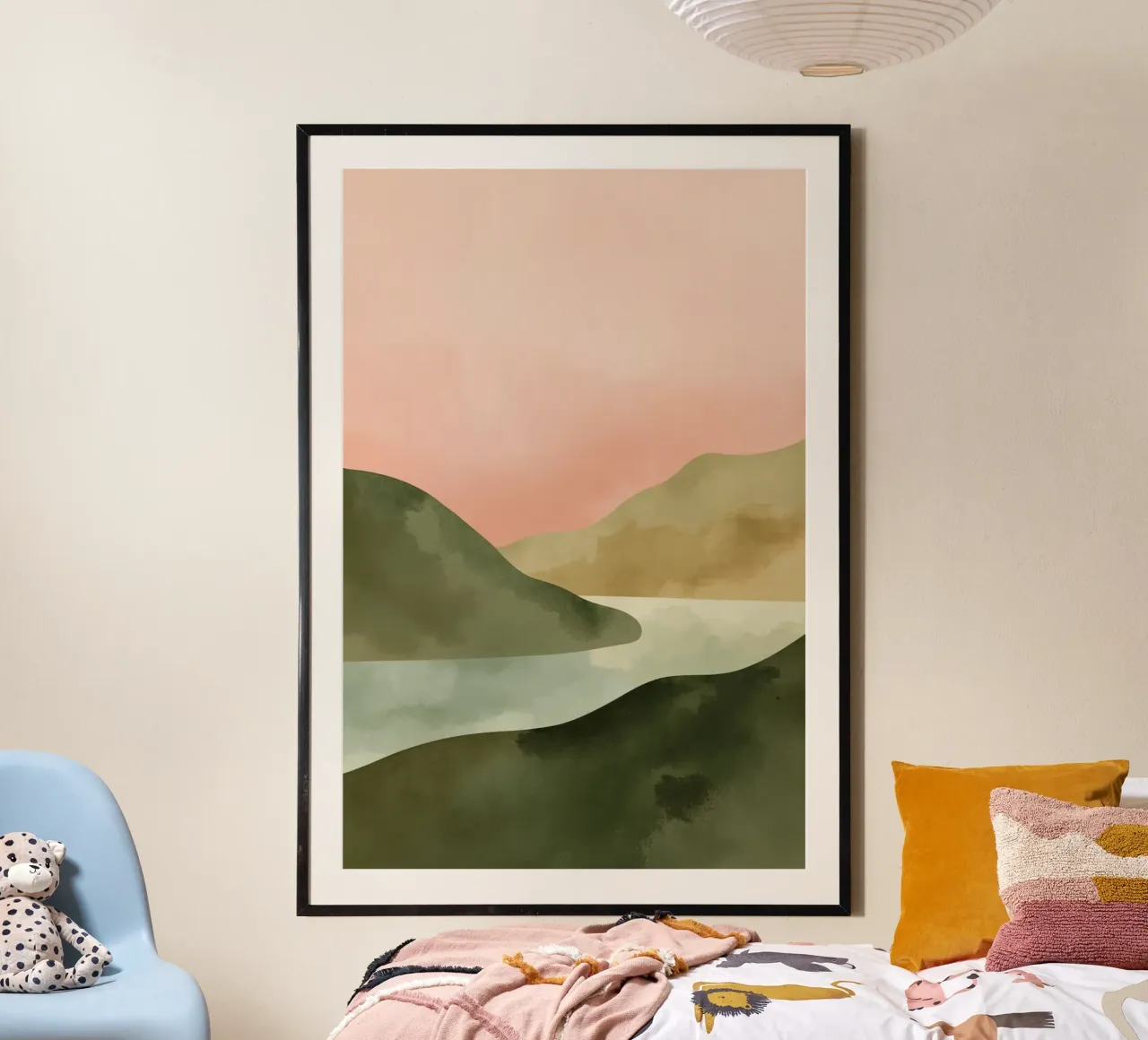 Paesaggio astratto di colline e acqua poster con telaio in plastica da DesignDoodle