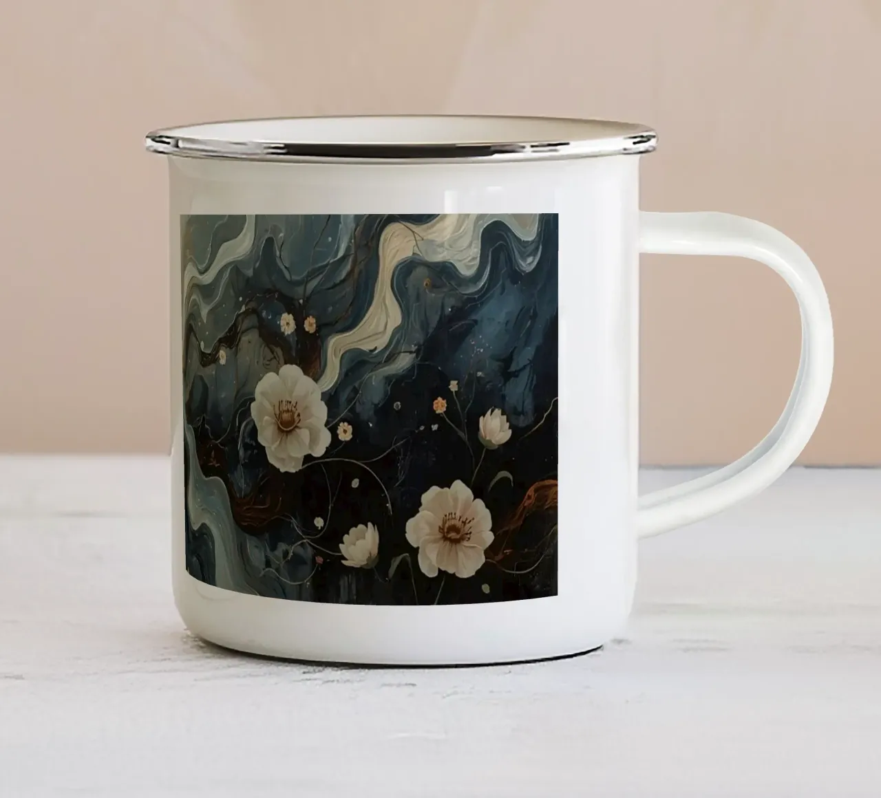 Pittura ad olio astratta con rami e fiori tazza in smalto da DesignDoodle