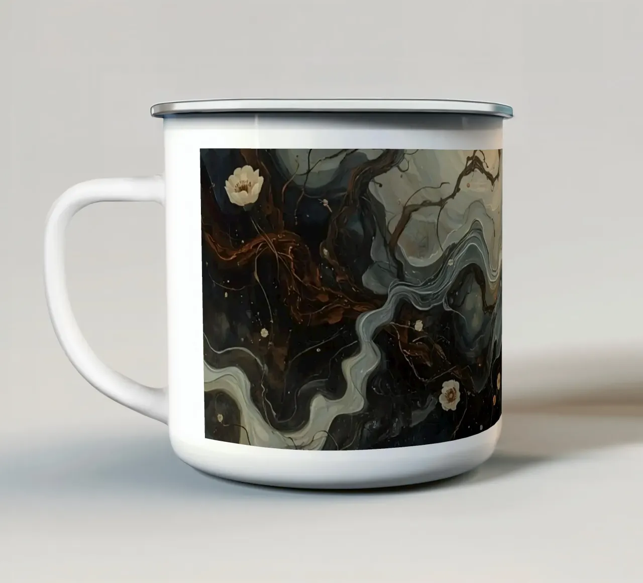 Pittura ad olio astratta con rami e fiori tazza in smalto da DesignDoodle