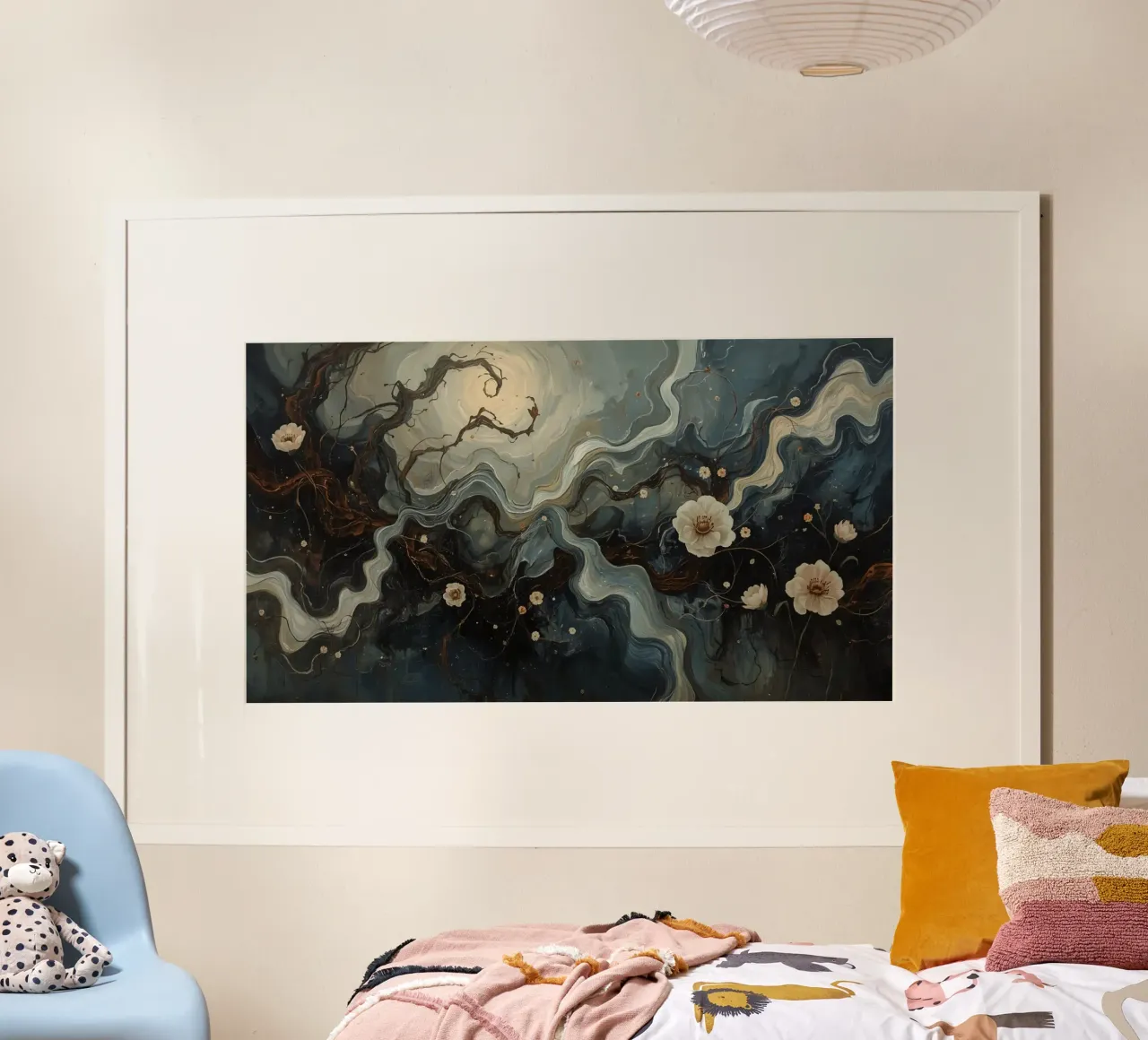 Pittura ad olio astratta con rami e fiori poster con telaio in legno da DesignDoodle