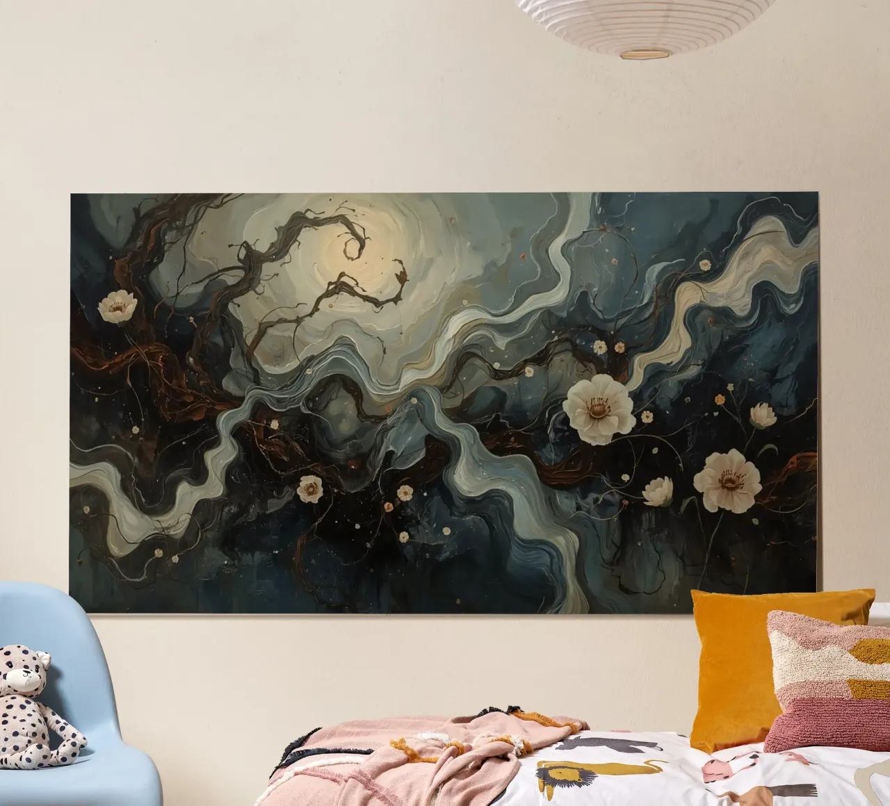 Pittura ad olio astratta con rami e fiori poster con telaio in legno da DesignDoodle