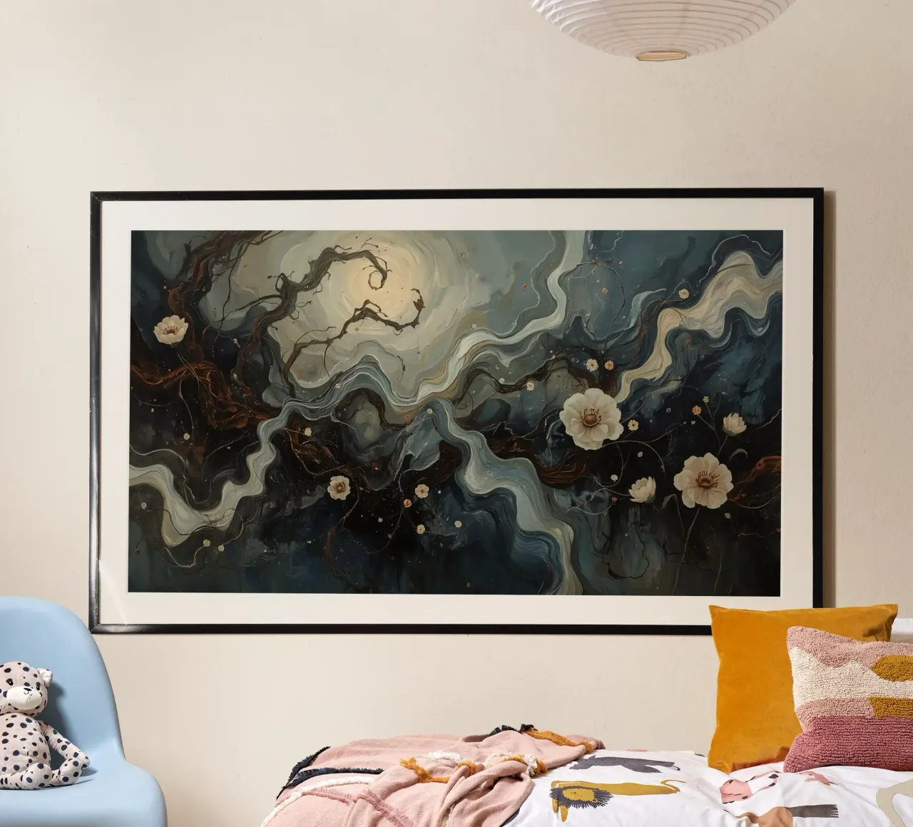 Pittura ad olio astratta con rami e fiori poster con telaio in legno da DesignDoodle