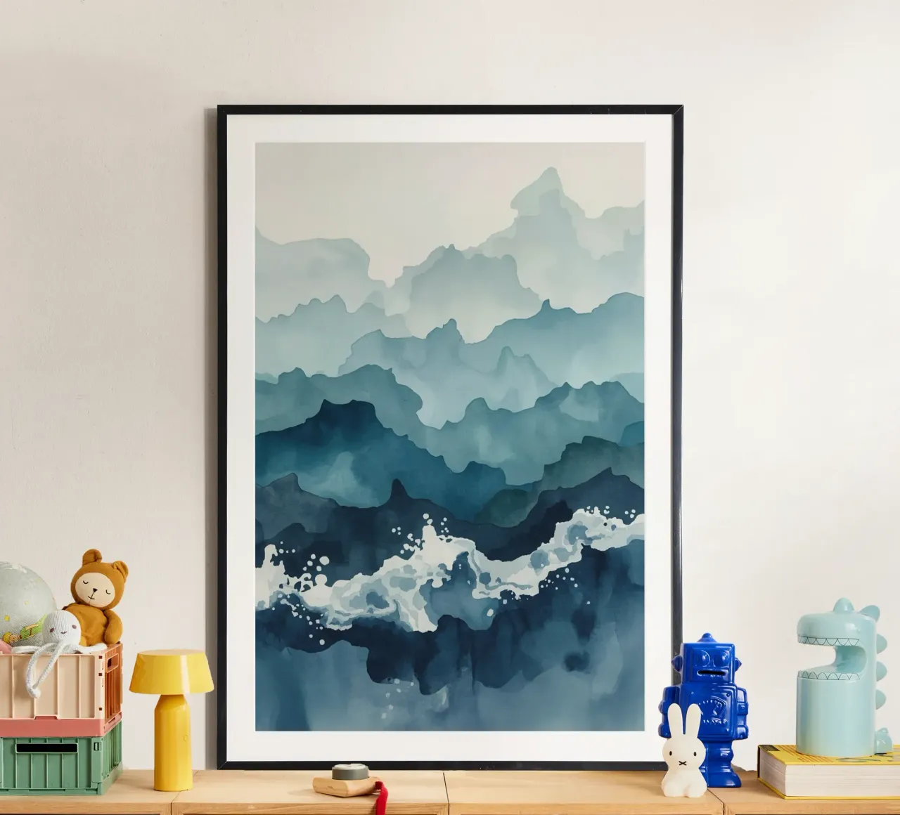 Montagne e onde astratte ad acquerello poster con telaio in alluminio da DesignDoodle