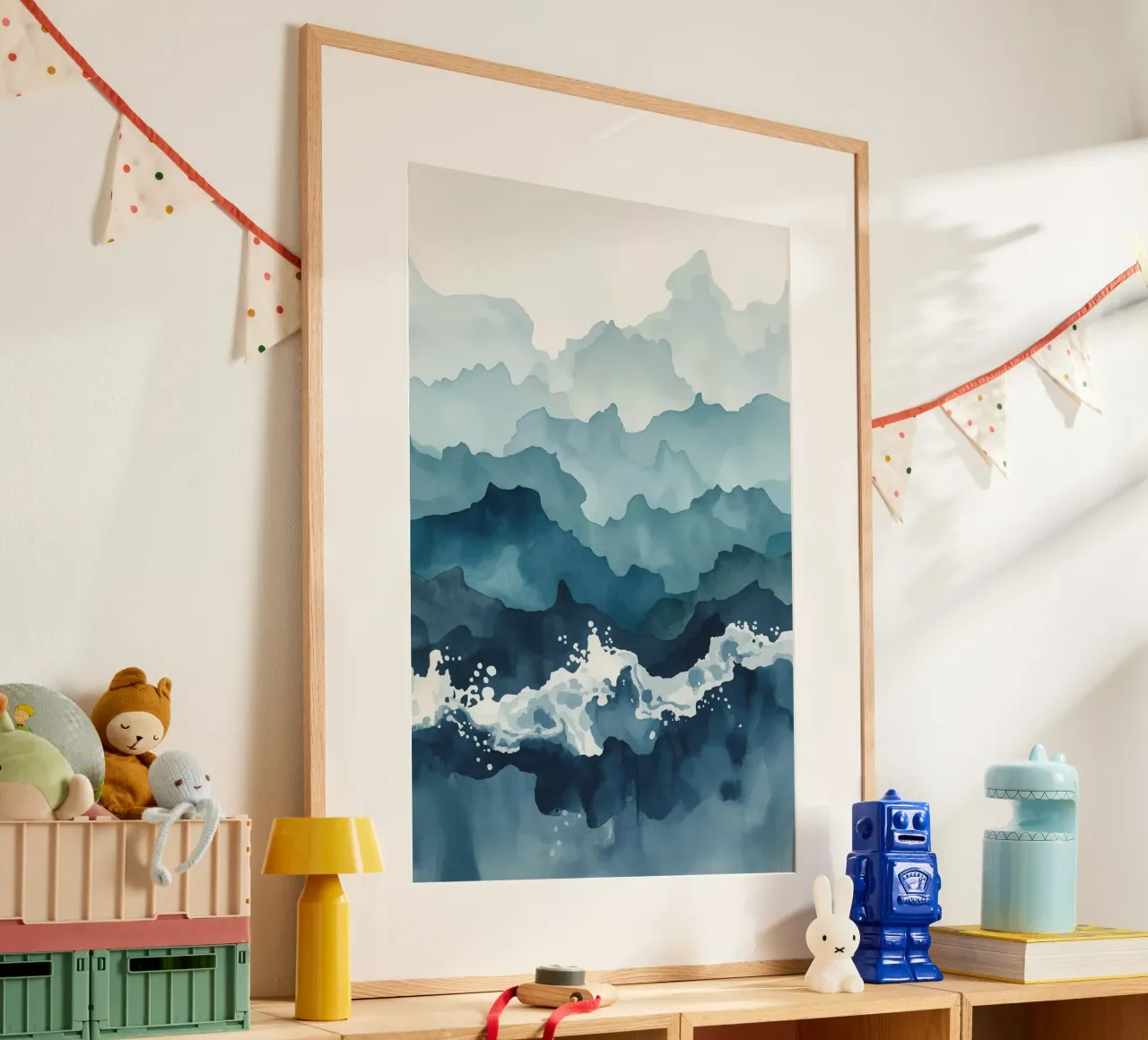Montagne e onde astratte ad acquerello poster con telaio in alluminio da DesignDoodle