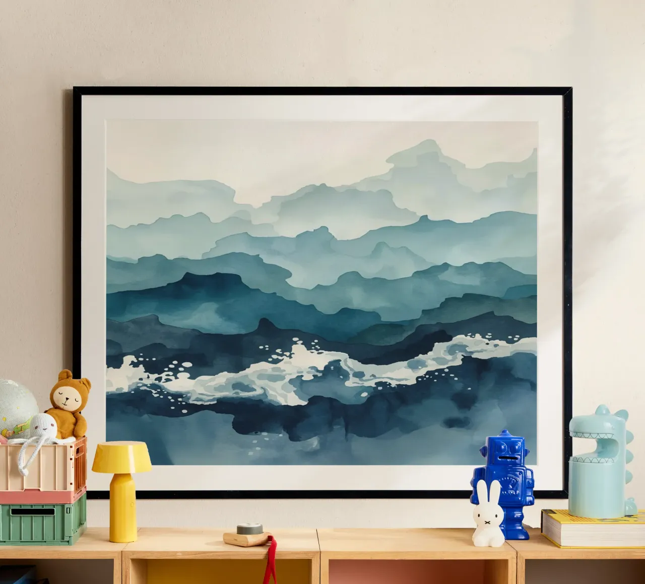 Montagne e onde astratte ad acquerello poster con telaio in alluminio da DesignDoodle