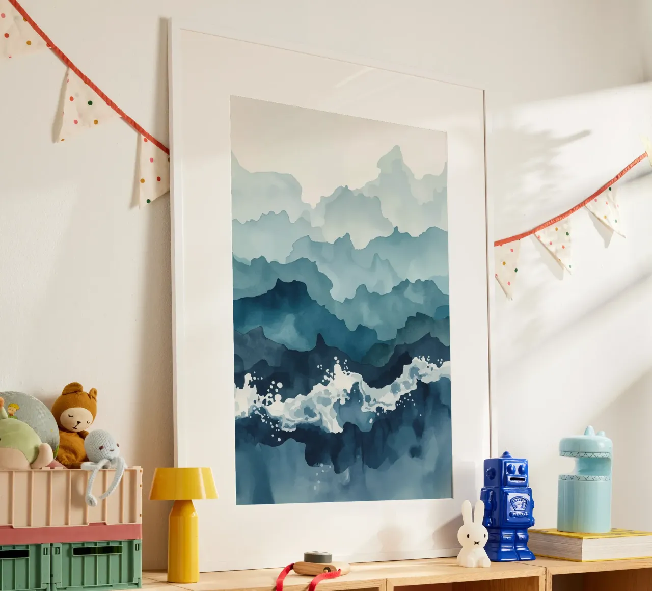 Montagne e onde astratte ad acquerello poster con telaio in alluminio da DesignDoodle