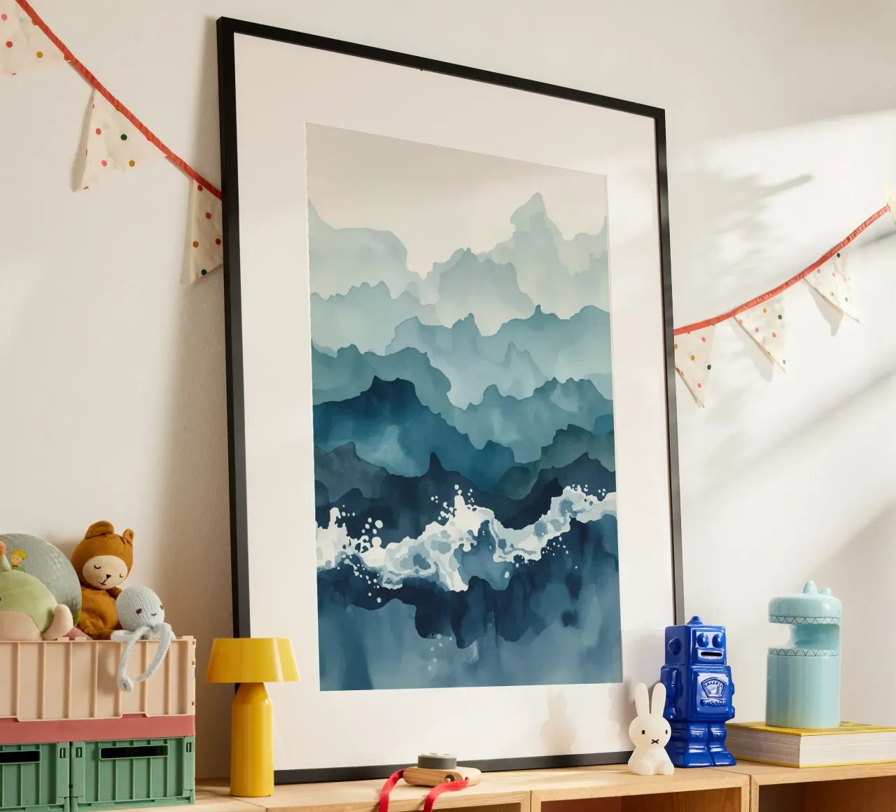Montagne e onde astratte ad acquerello poster con telaio in alluminio da DesignDoodle