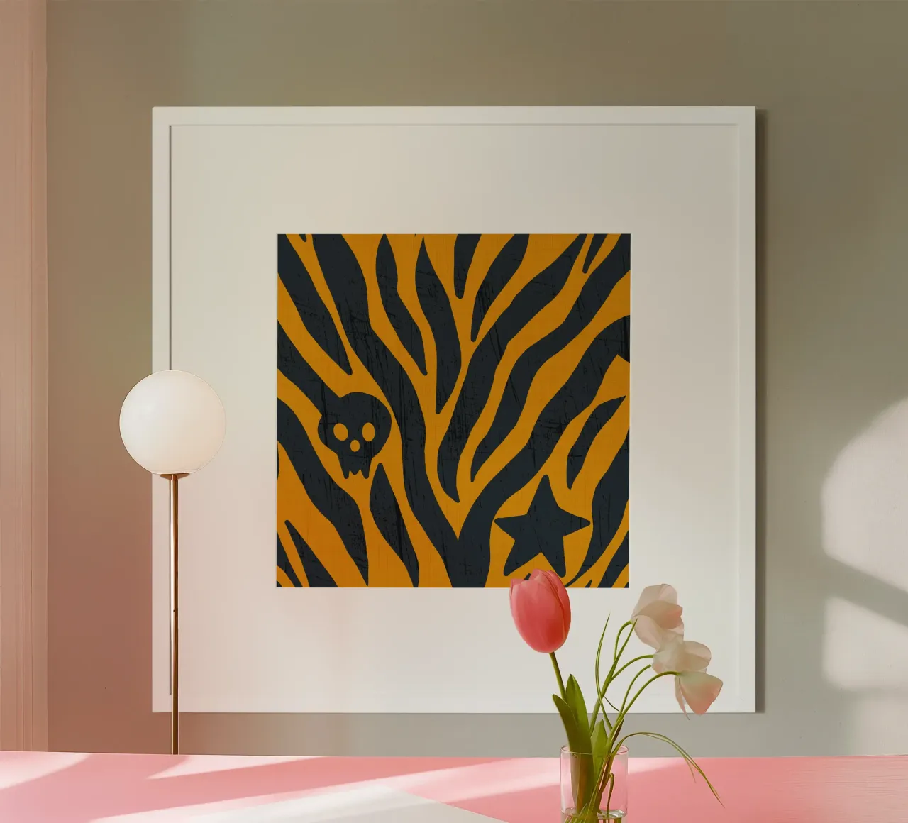 Zebra arancione con teschio - Stampa animale punk di Halloween poster con telaio in plastica da susanacosta