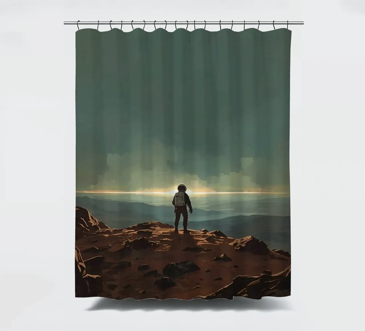 Astronaut auf felsigem Terrain mit Blick auf den Horizont Duschvorhang von DesignDoodle