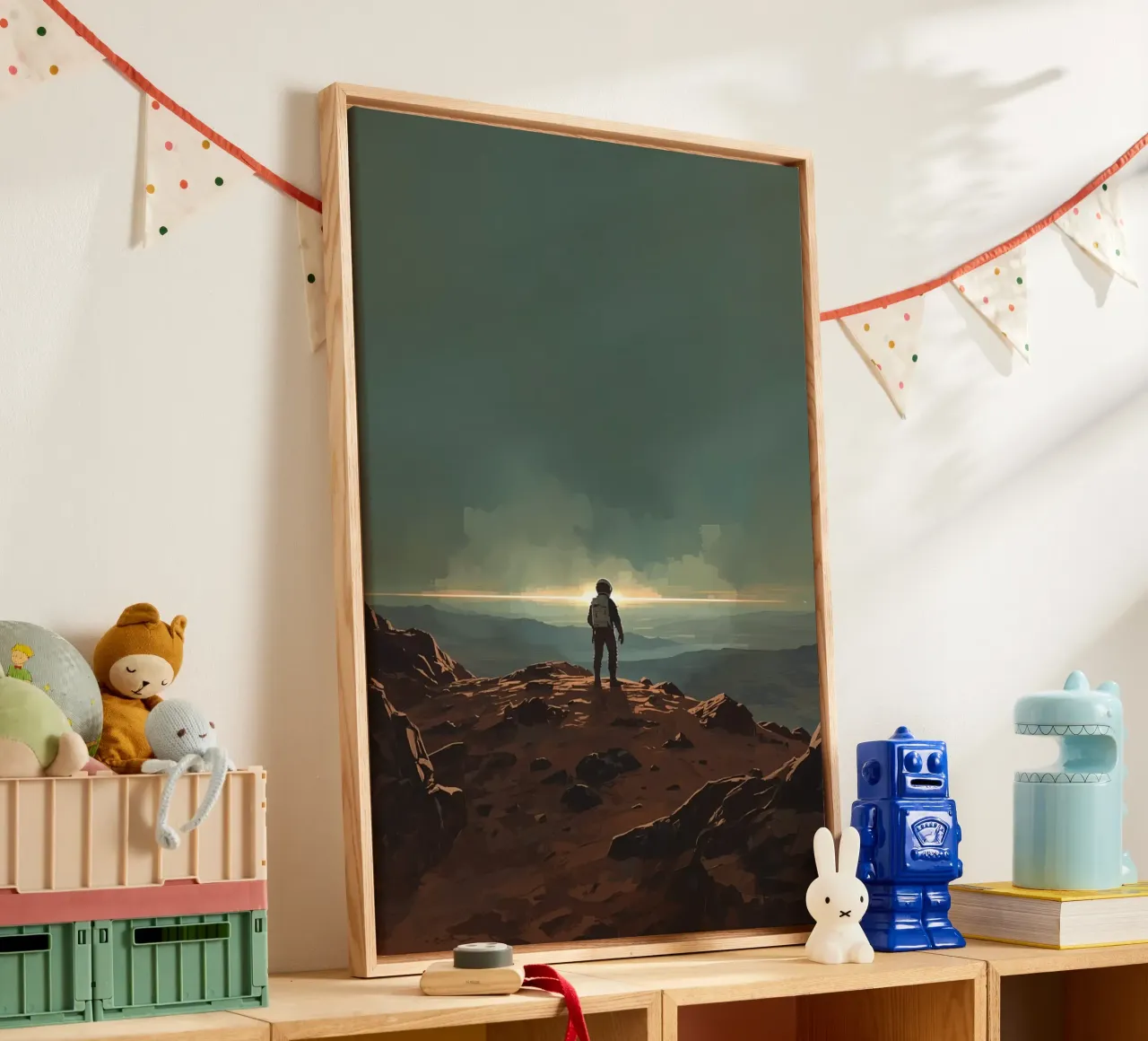 Astronaut op rotsachtig terrein die naar de horizon staart canvas met Baklijst van DesignDoodle