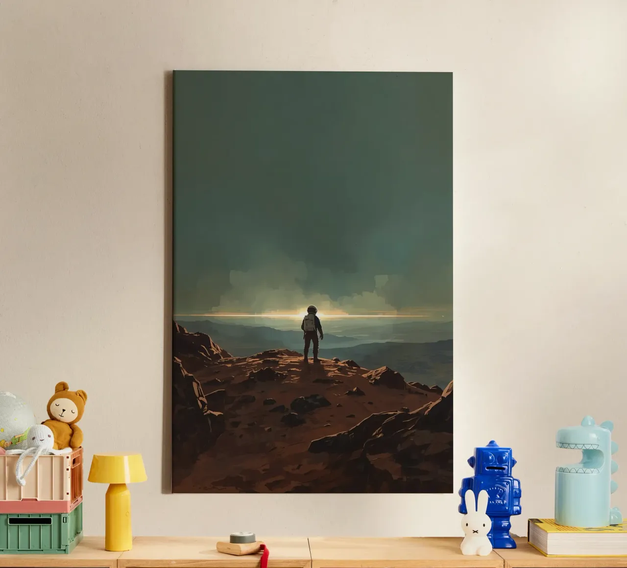 Astronaut op rotsachtig terrein die naar de horizon staart canvas met Baklijst van DesignDoodle