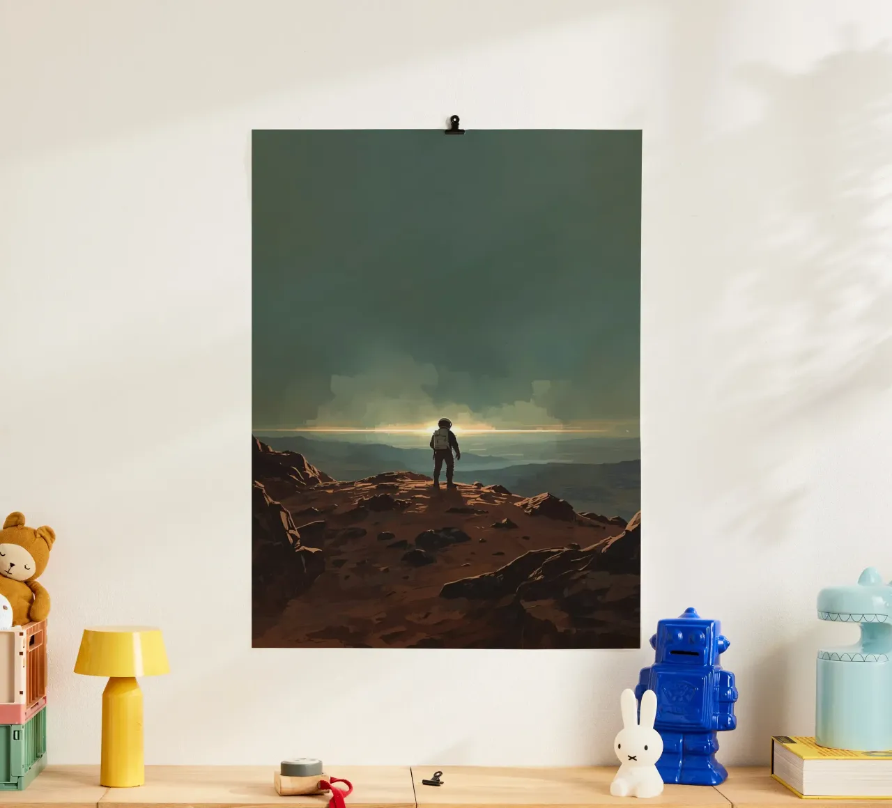 Astronauta su un terreno roccioso che guarda l'orizzonte poster con telaio in plastica da DesignDoodle