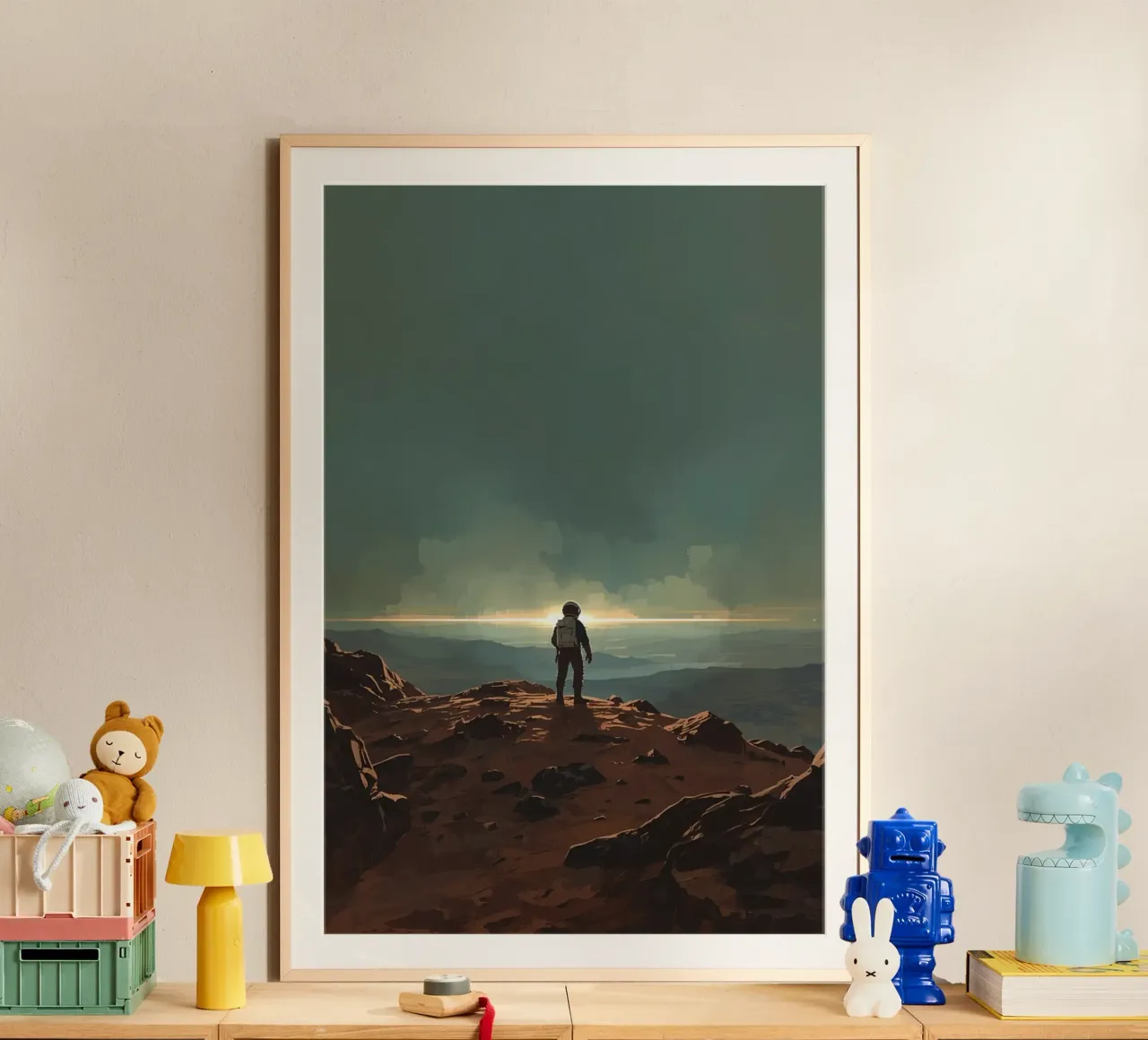 Astronauta su un terreno roccioso che guarda l'orizzonte poster con telaio in plastica da DesignDoodle