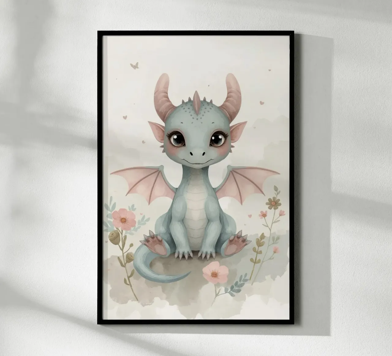 Carino il cucciolo di drago con fiori e nuvole poster con telaio in alluminio da DesignDoodle