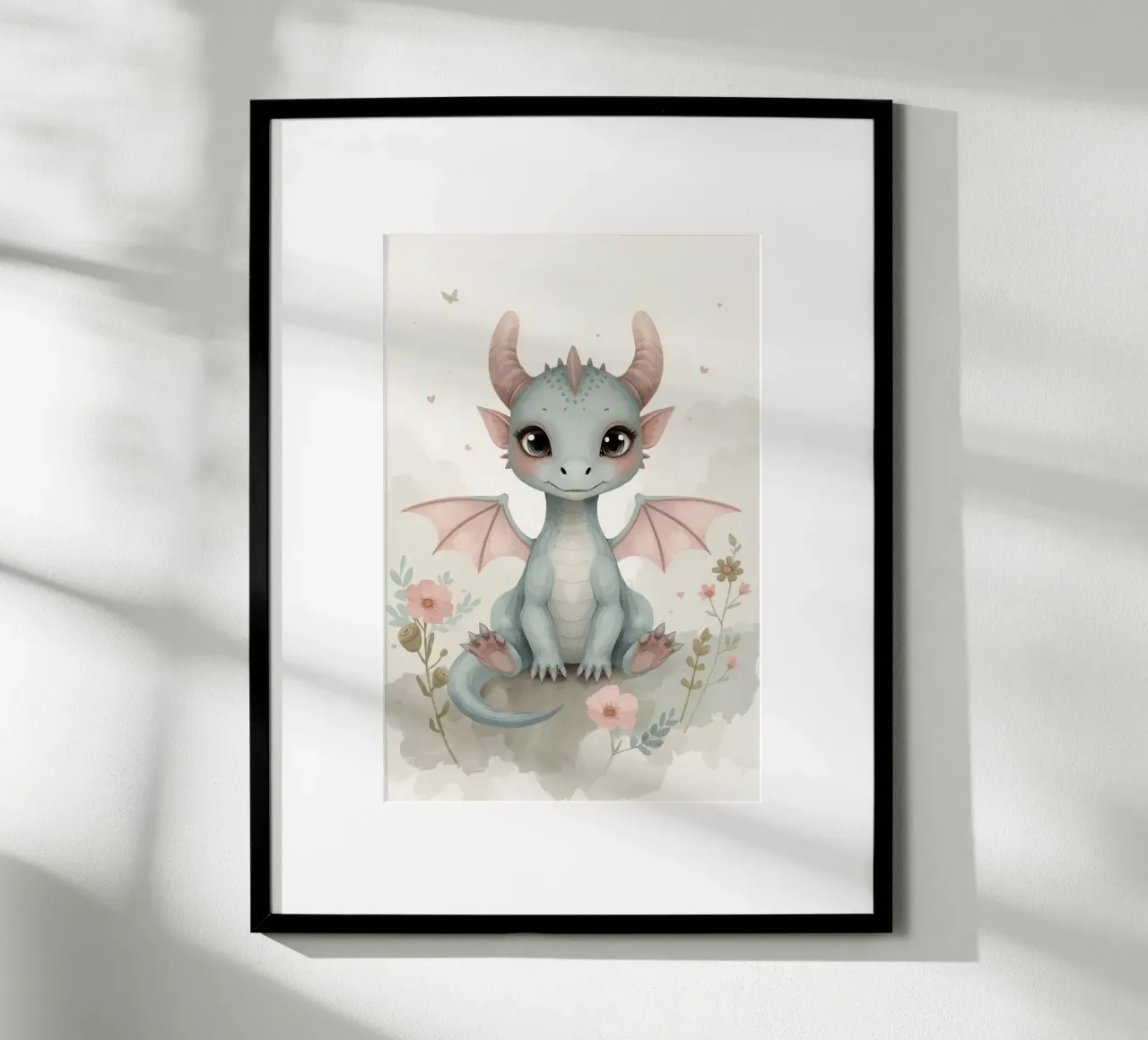 Carino il cucciolo di drago con fiori e nuvole poster con telaio in alluminio da DesignDoodle