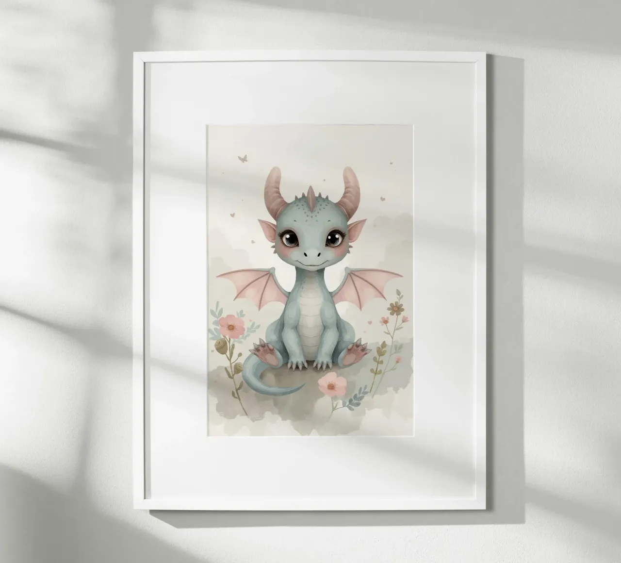 Carino il cucciolo di drago con fiori e nuvole poster con telaio in alluminio da DesignDoodle