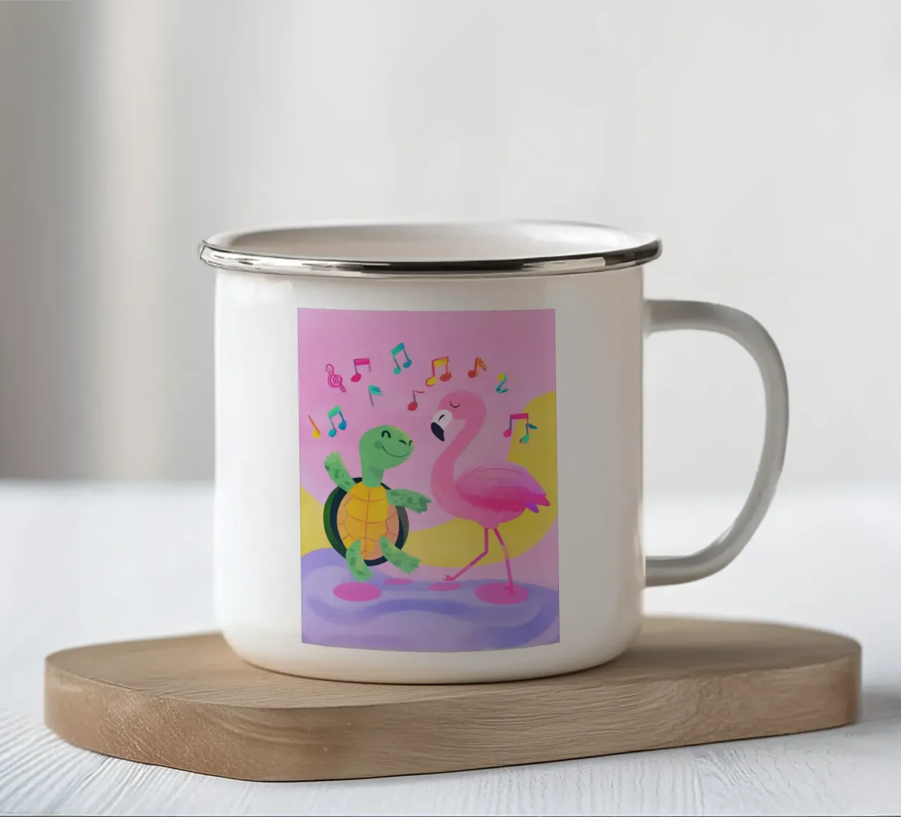 Dancing Turtle & Flamingo taza de esmalte de Kiara