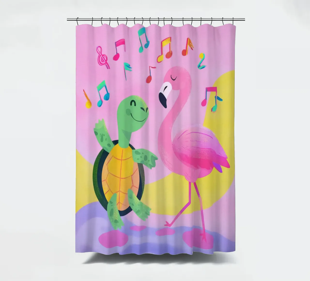 Dancing Turtle & Flamingo cortina de baño de Kiara