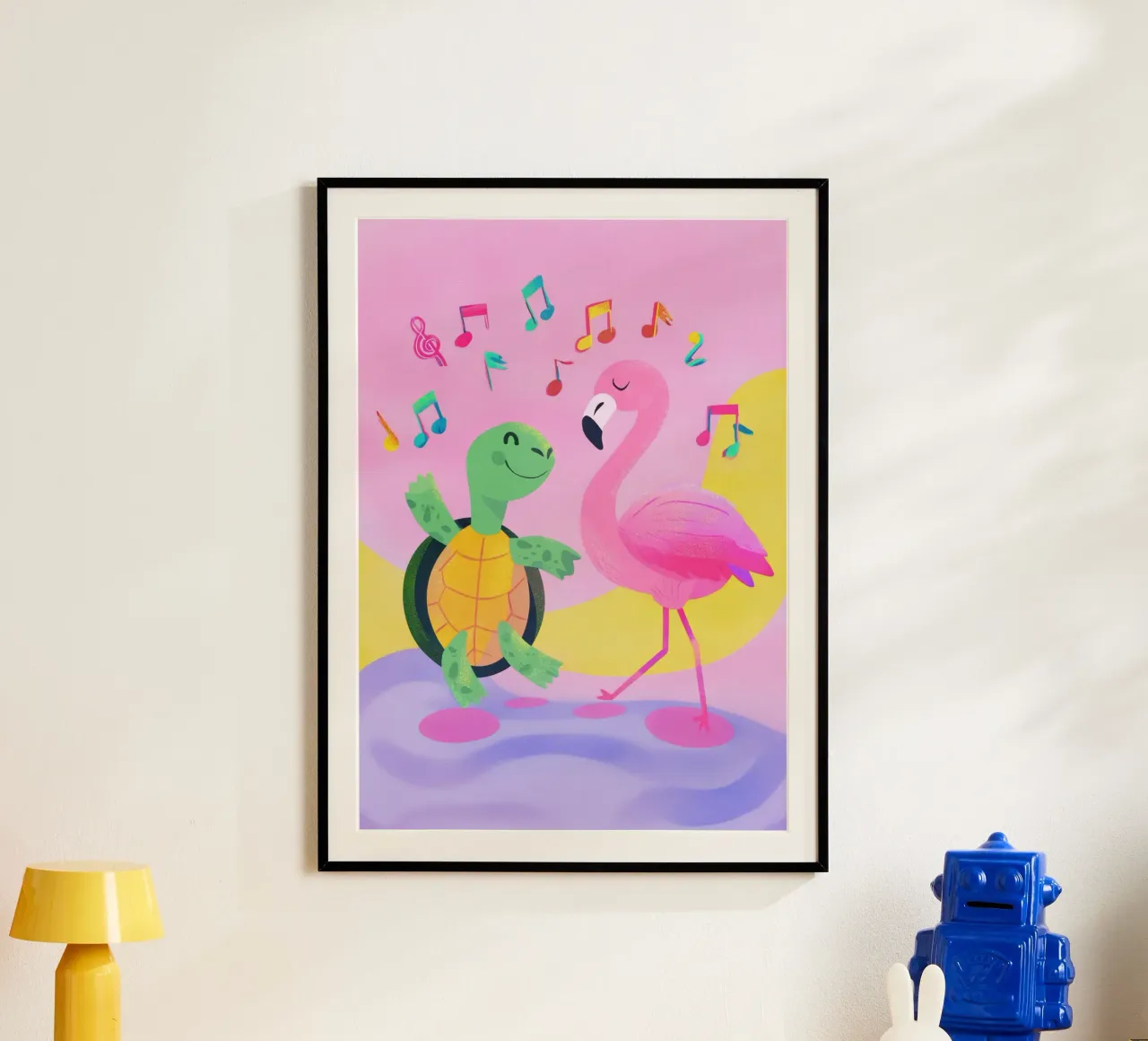 Dancing Turtle & Flamingo poster con telaio in plastica da Kiara