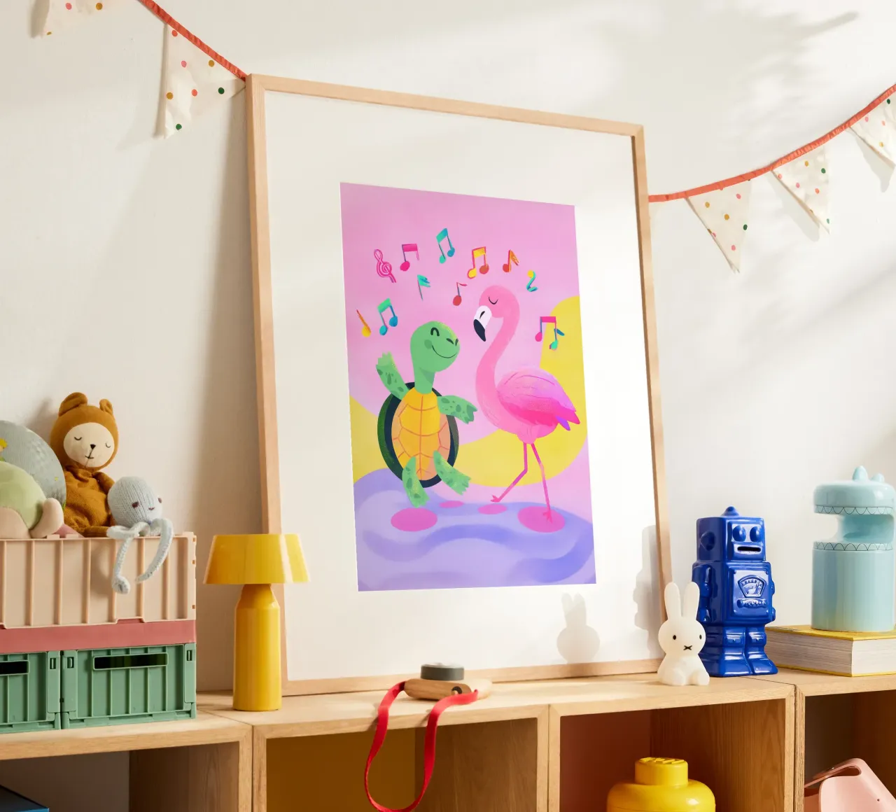Dancing Turtle & Flamingo poster con telaio in plastica da Kiara