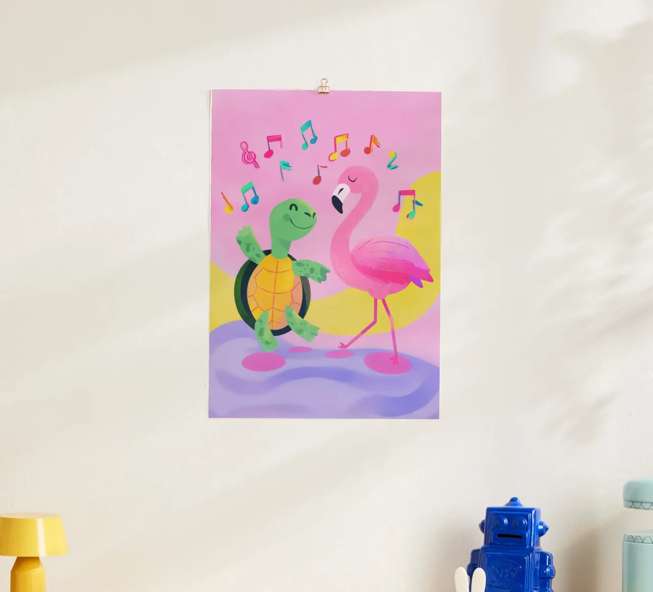Dancing Turtle & Flamingo poster con telaio in plastica da Kiara