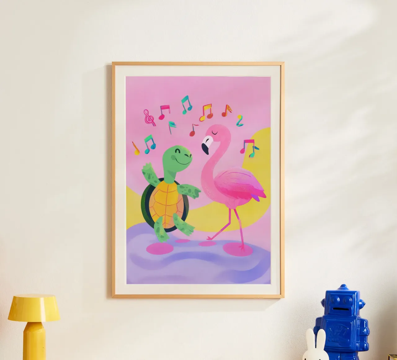 Dancing Turtle & Flamingo poster con telaio in plastica da Kiara