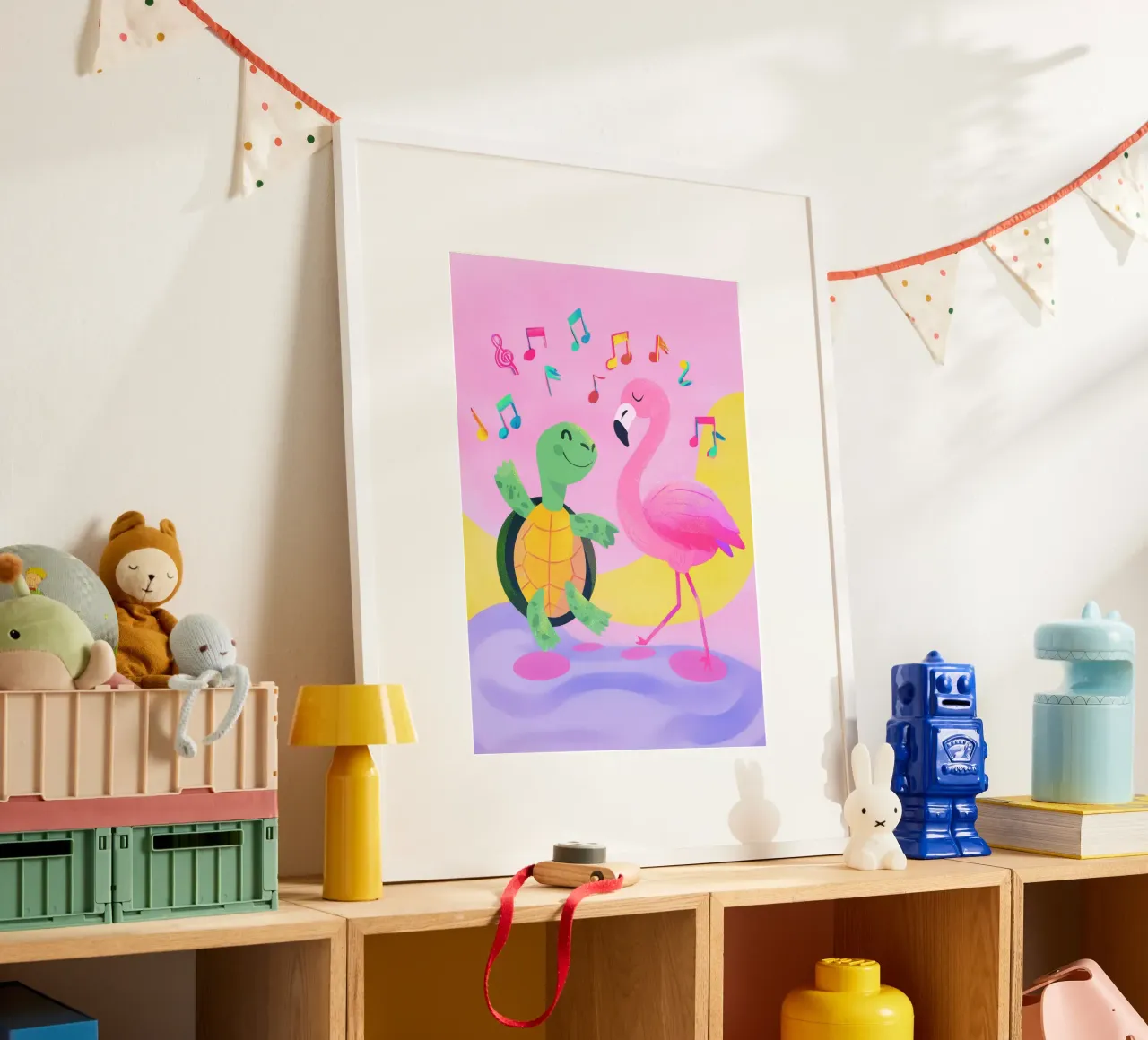 Dancing Turtle & Flamingo poster con telaio in plastica da Kiara