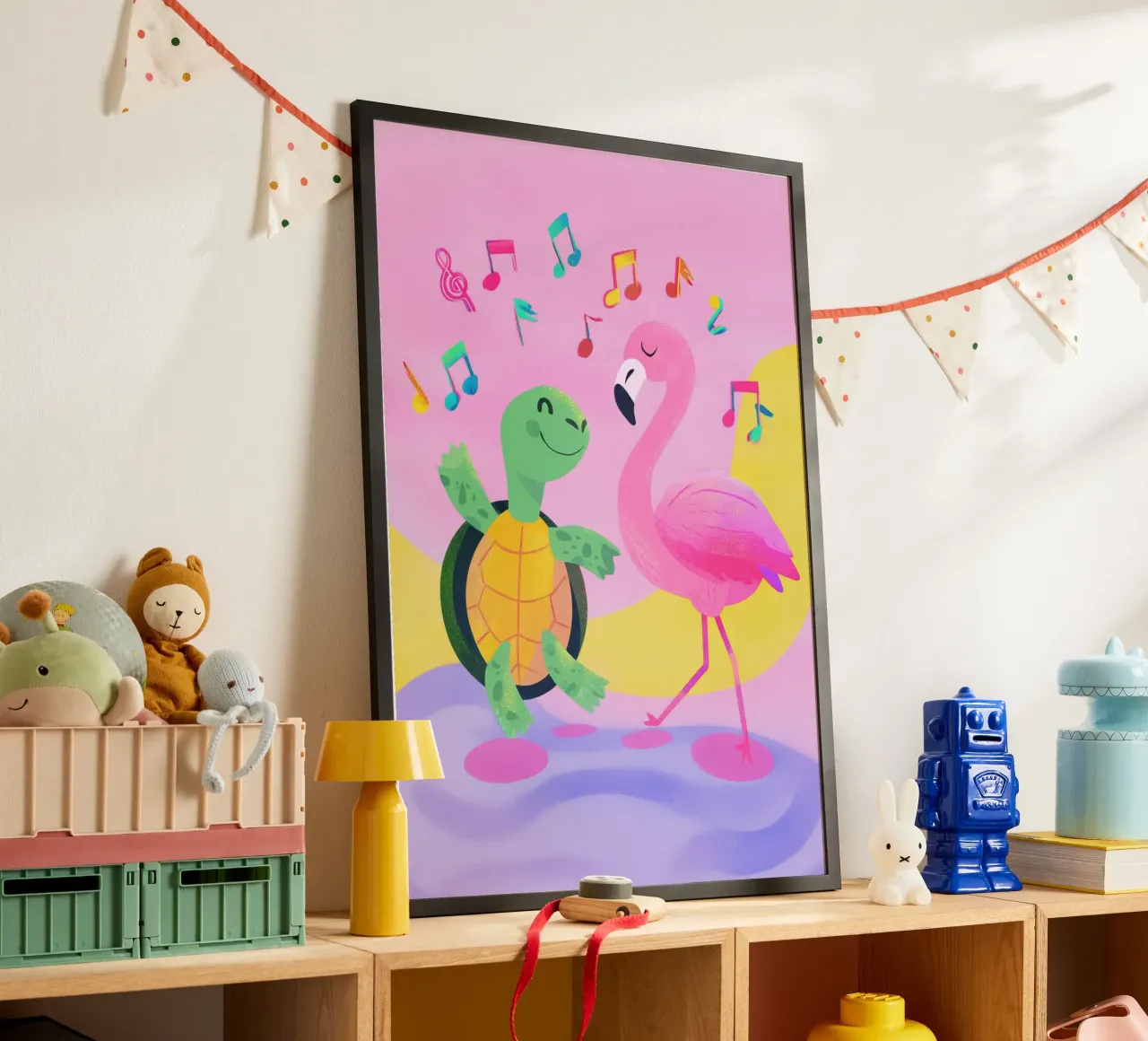 Dancing Turtle & Flamingo poster con telaio in plastica da Kiara